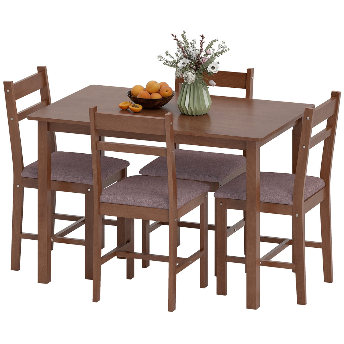 HOMCOM 5-Piece Solid Wood Dining Table Set for 4, Farmhouse Kitchen Table with Upholstered Chairs for Dining Room, Light Brown
