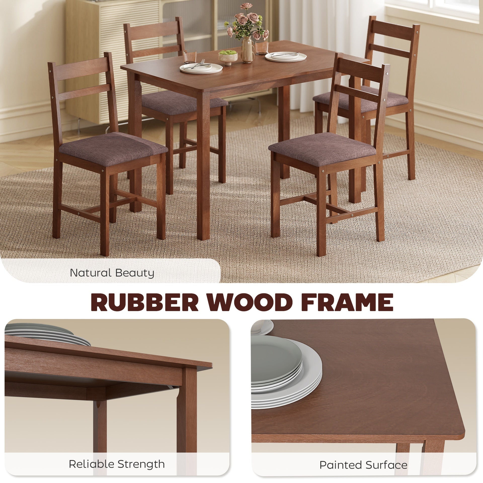 HOMCOM 5-Piece Solid Wood Dining Table Set for 4, Farmhouse Kitchen Table with Upholstered Chairs for Dining Room, Light Brown