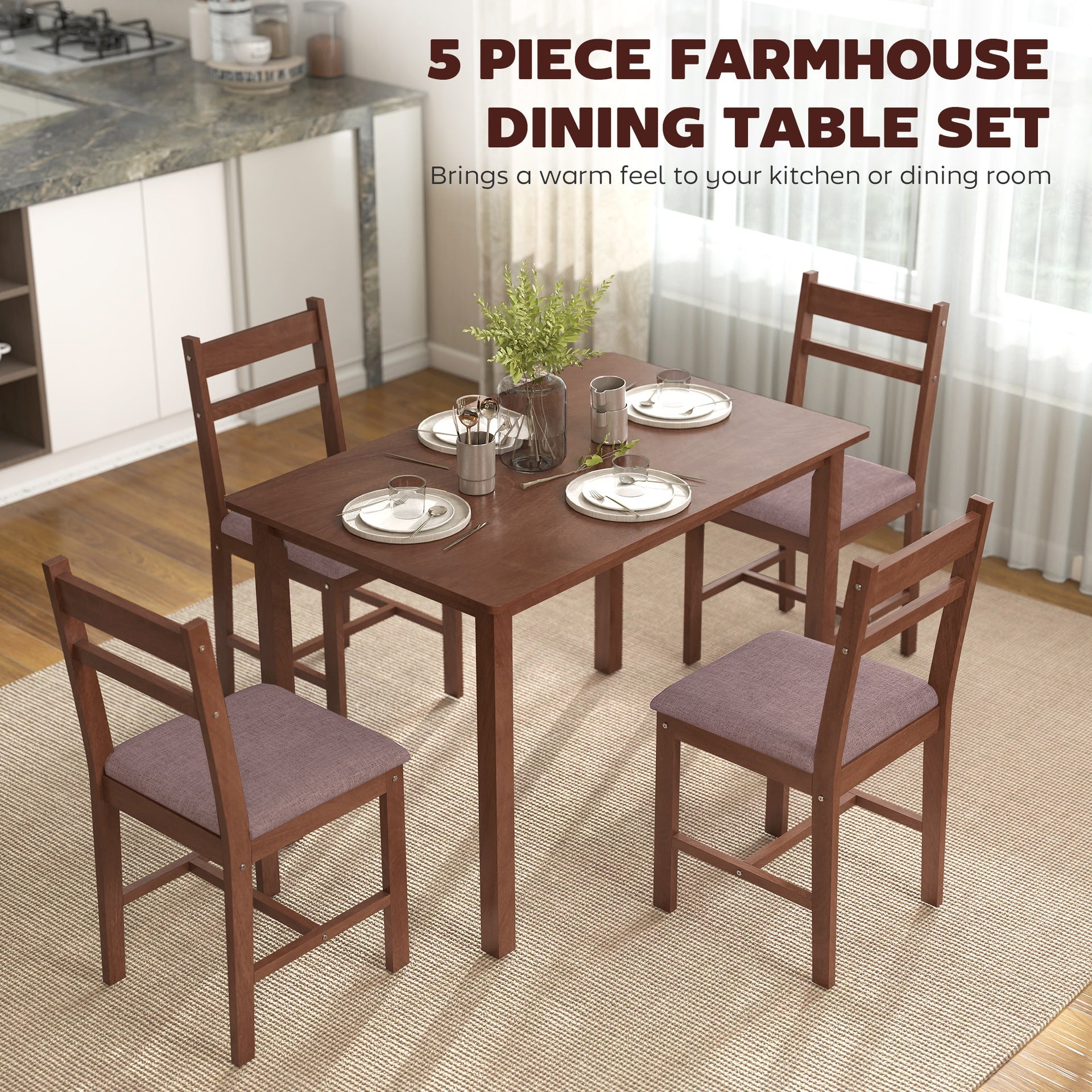 HOMCOM 5-Piece Solid Wood Dining Table Set for 4, Farmhouse Kitchen Table with Upholstered Chairs for Dining Room, Light Brown