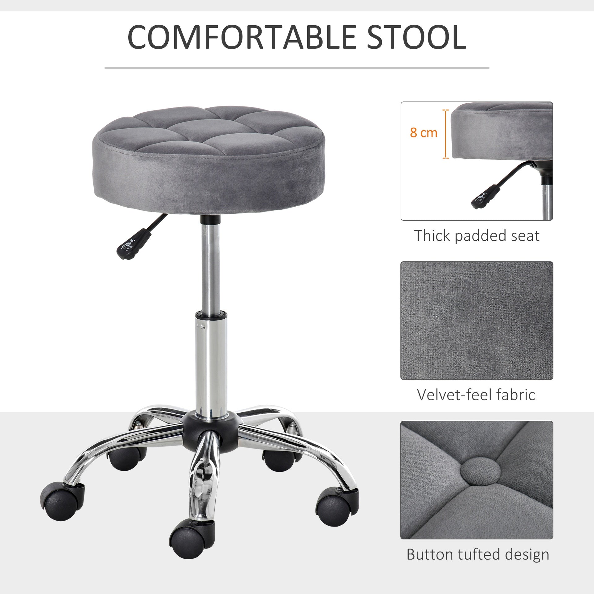 HOMCOM Round Rolling Stool with Height Adjustable Lift, Vanity Chair with Luxury Style Upholstery, Office Chair with Swivel Seat and Wheels for Work Spa Salon, Grey