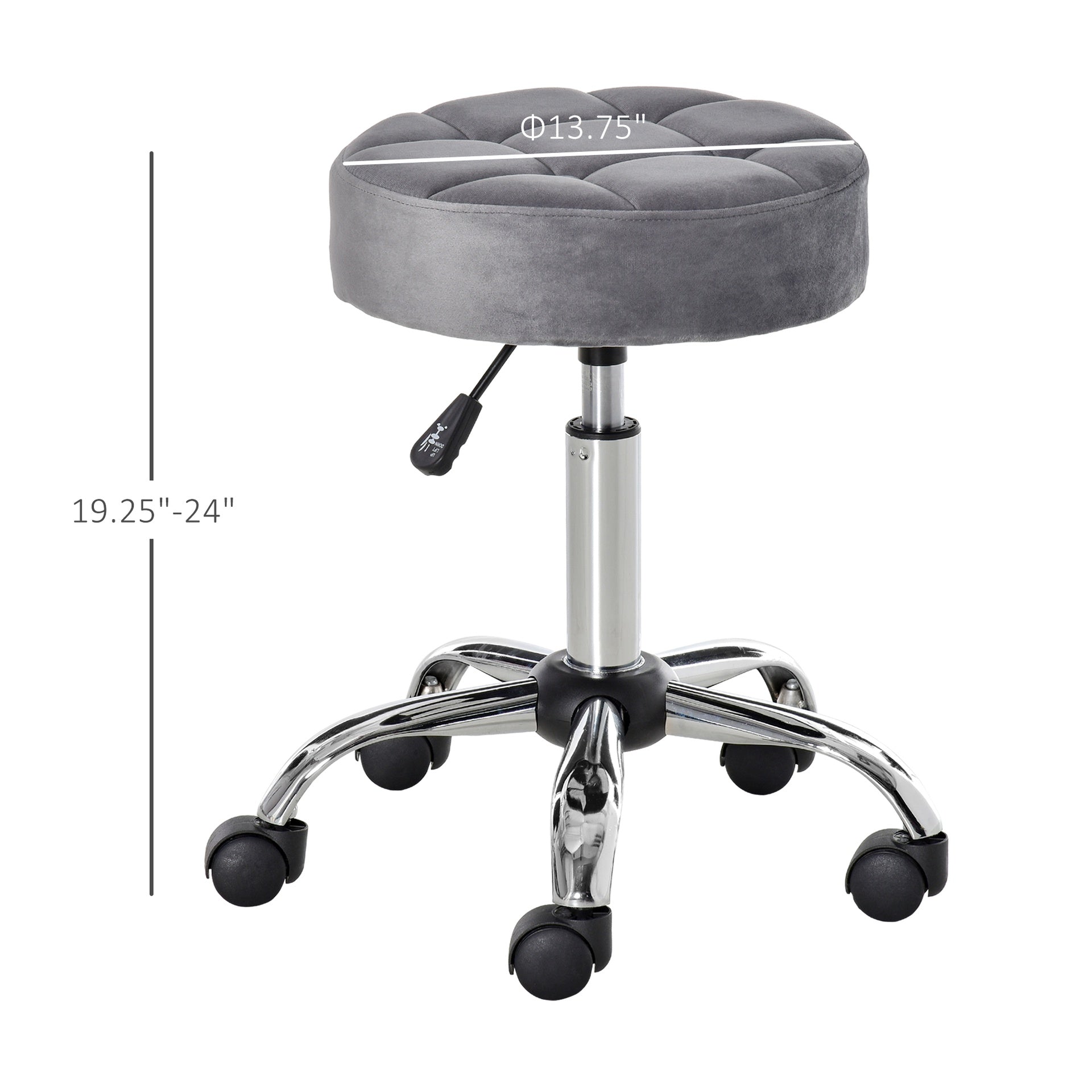 HOMCOM Round Rolling Stool with Height Adjustable Lift, Vanity Chair with Luxury Style Upholstery, Office Chair with Swivel Seat and Wheels for Work Spa Salon, Grey