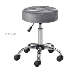 HOMCOM Round Rolling Stool with Height Adjustable Lift, Vanity Chair with Luxury Style Upholstery, Office Chair with Swivel Seat and Wheels for Work Spa Salon, Grey