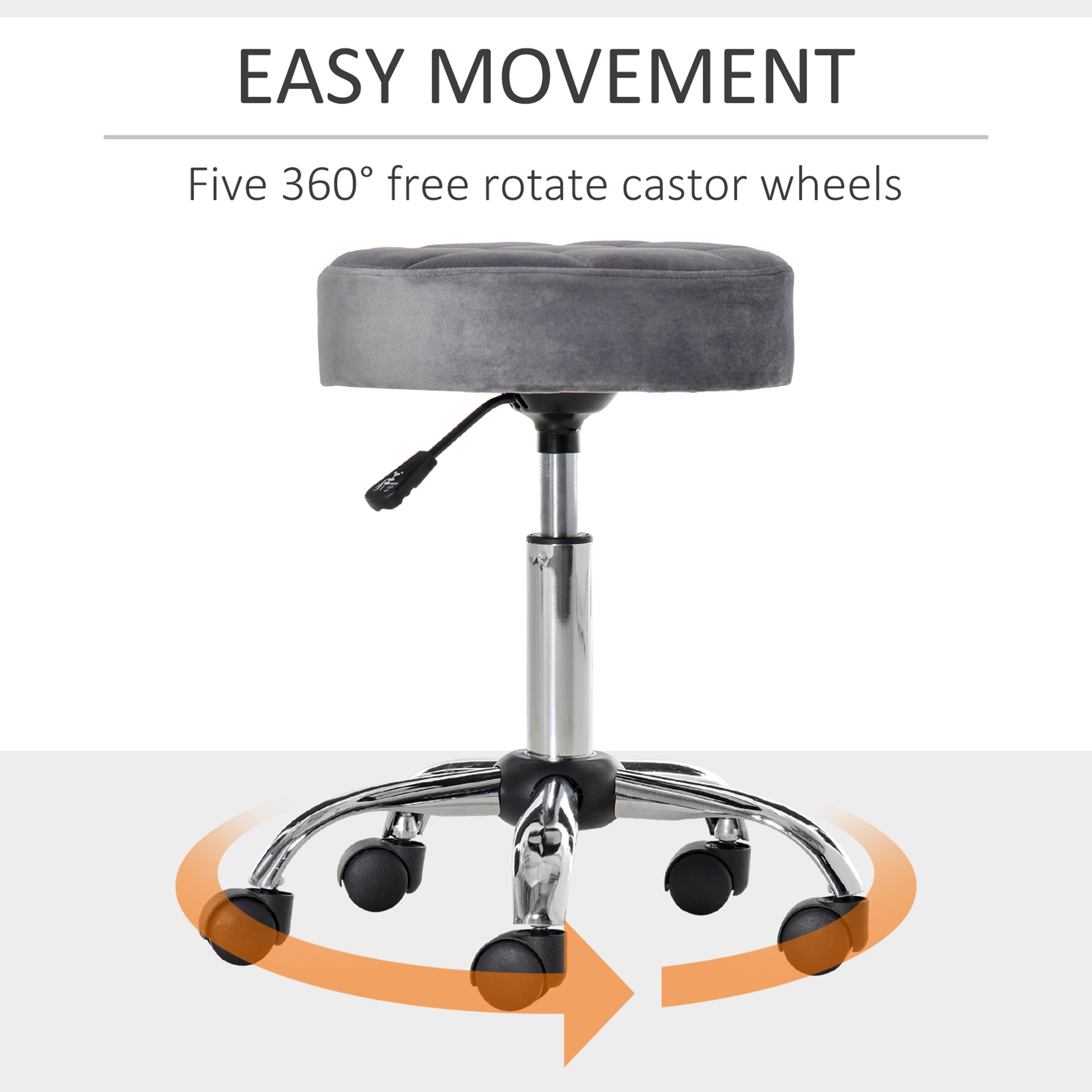 HOMCOM Round Rolling Stool with Height Adjustable Lift, Vanity Chair with Luxury Style Upholstery, Office Chair with Swivel Seat and Wheels for Work Spa Salon, Grey