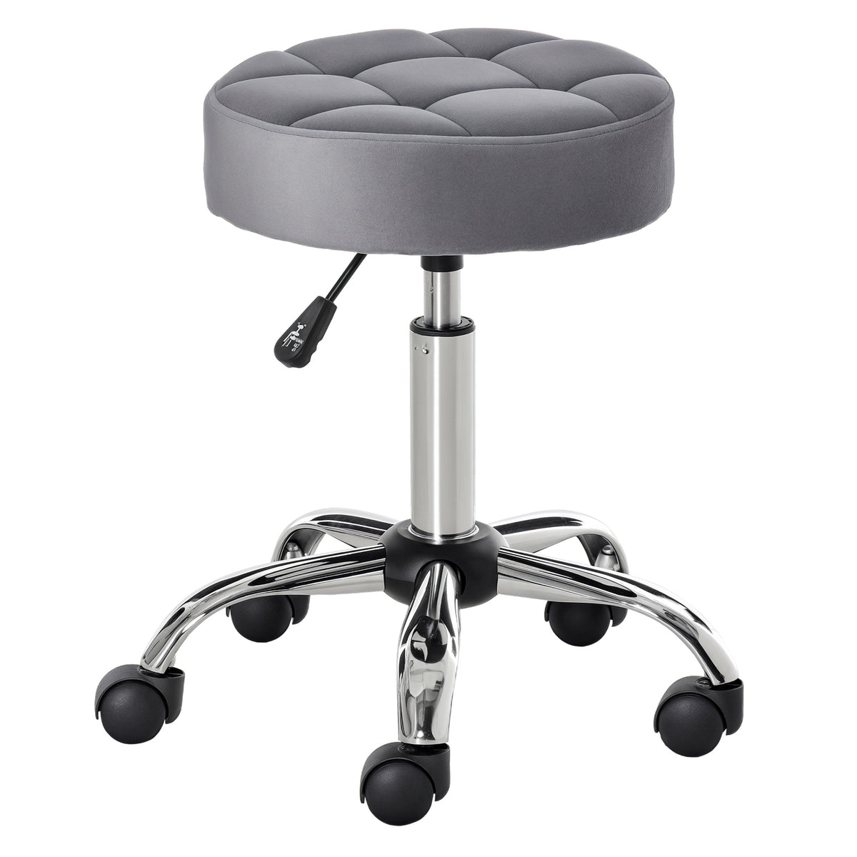 HOMCOM Round Rolling Stool with Height Adjustable Lift, Vanity Chair with Luxury Style Upholstery, Office Chair with Swivel Seat and Wheels for Work Spa Salon, Grey