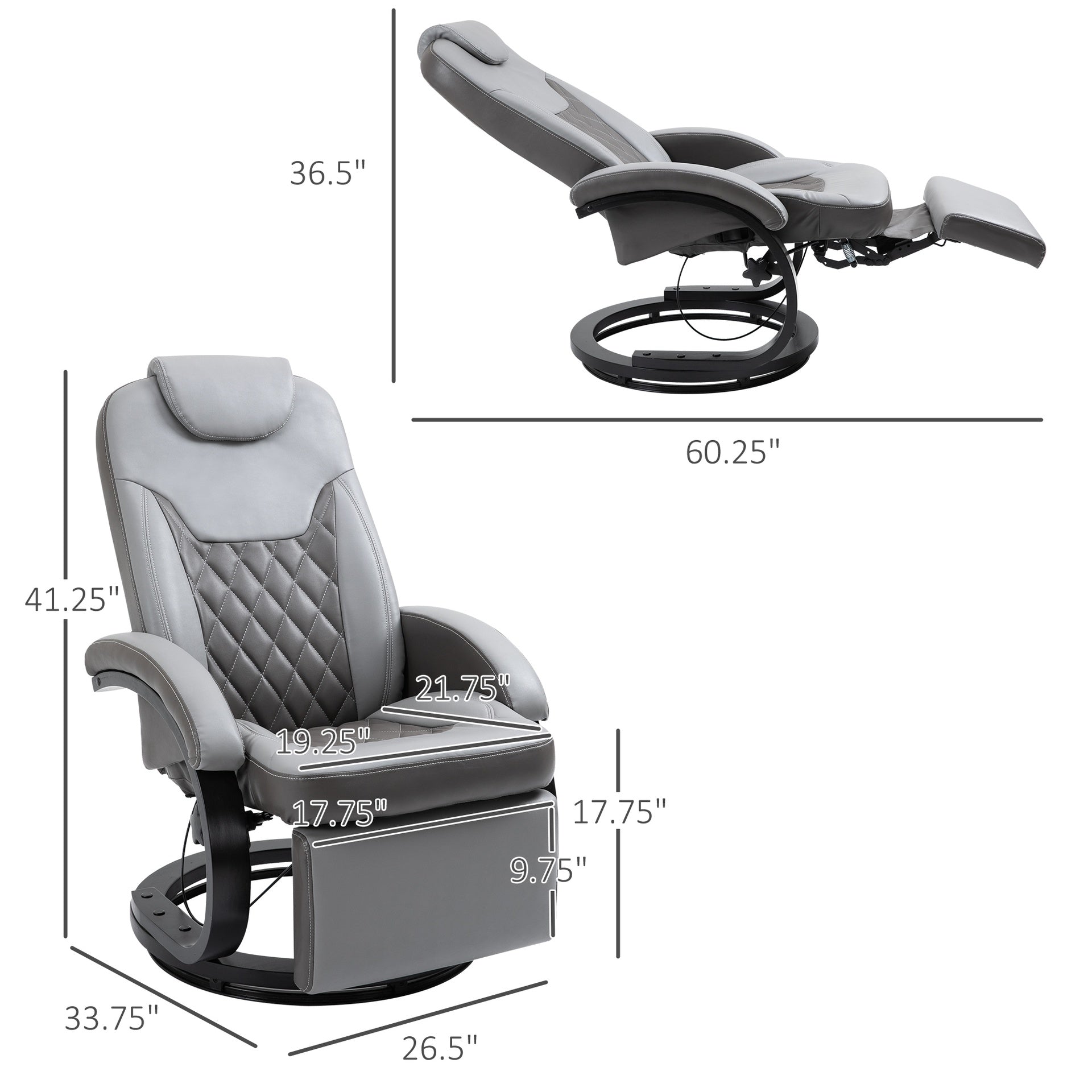 HOMCOM Faux Leather Manual Recliner, Adjustable Swivel Lounge Chair, Armchair with Footrest and Round Base for Living Room, Gray