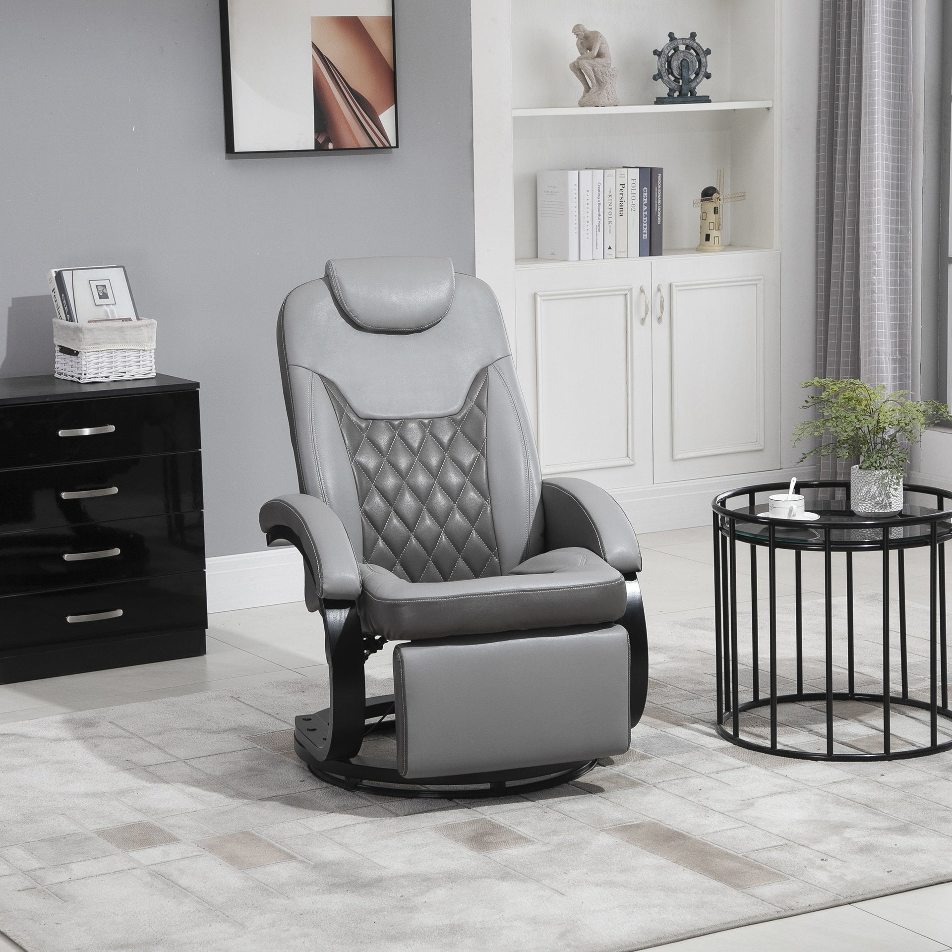 HOMCOM Faux Leather Manual Recliner, Adjustable Swivel Lounge Chair, Armchair with Footrest and Round Base for Living Room, Gray