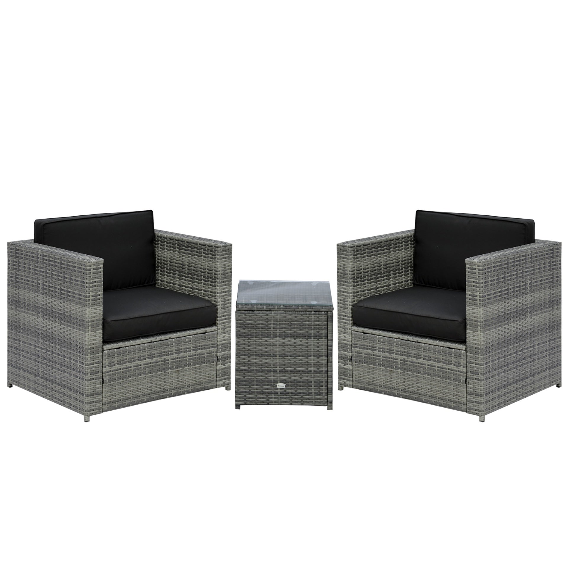 Outsunny Wicker Bistro Patio Set, 2 Porch Chairs & Glass Table, Black