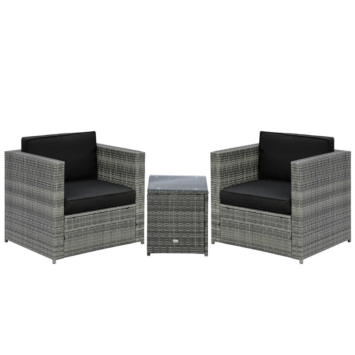 Outsunny Wicker Bistro Patio Set, 2 Porch Chairs & Glass Table, Black
