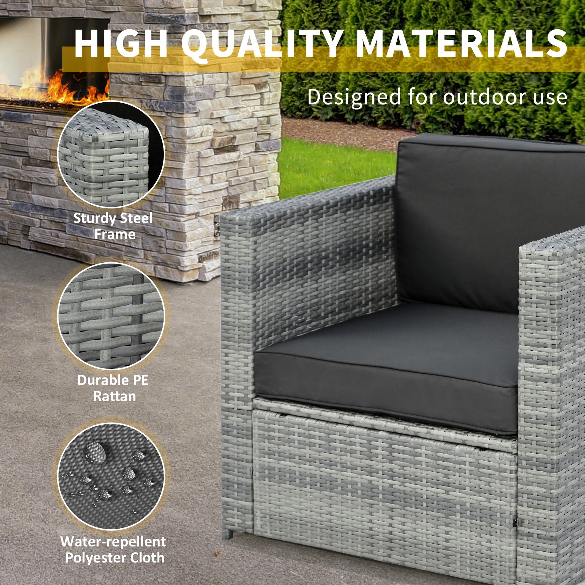 Outsunny Wicker Bistro Patio Set, 2 Porch Chairs & Glass Table, Black
