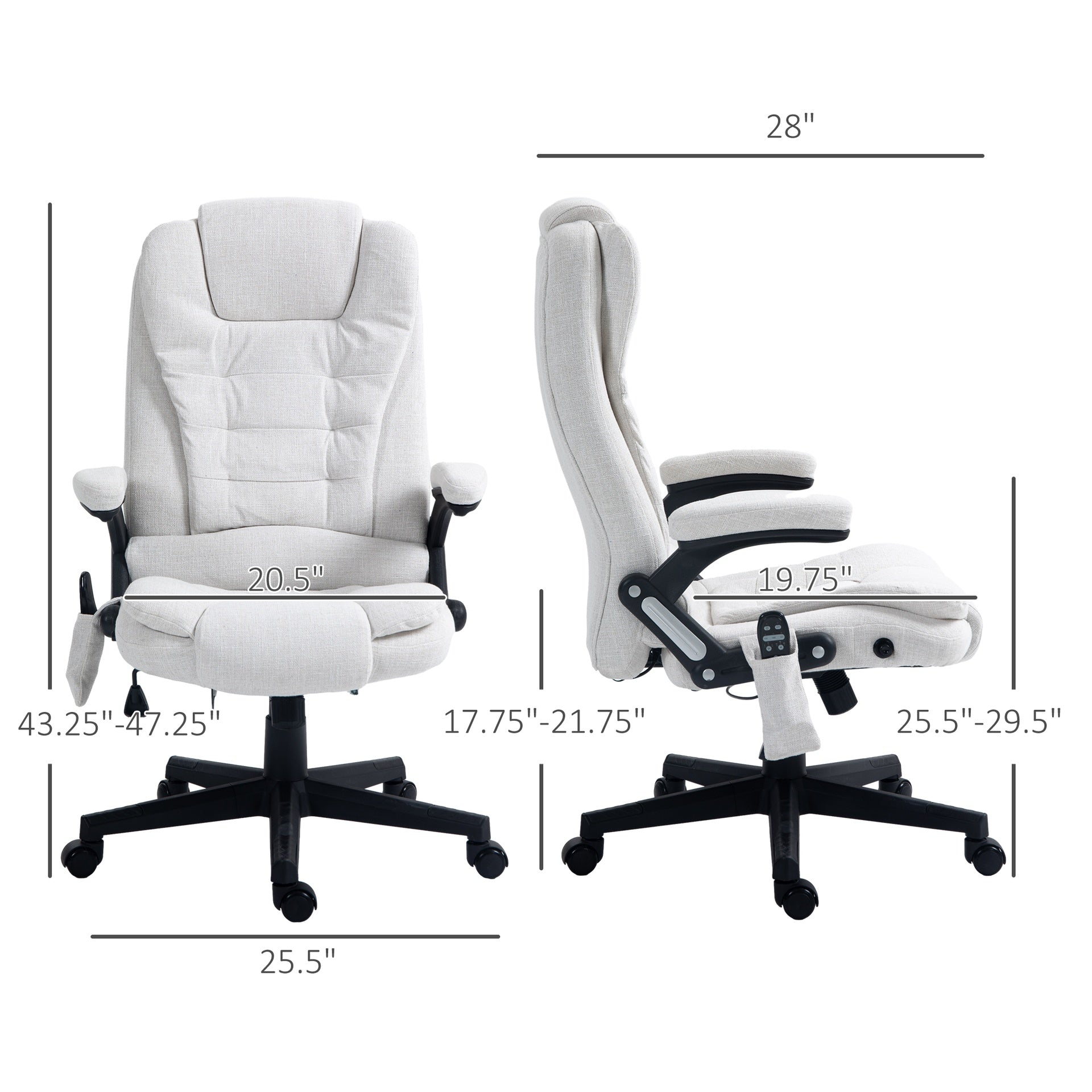 HOMCOM 6 Point Vibrating Massage Office Chair with Heat, Linen High Back Massage Desk Chair with Reclining Backrest, White