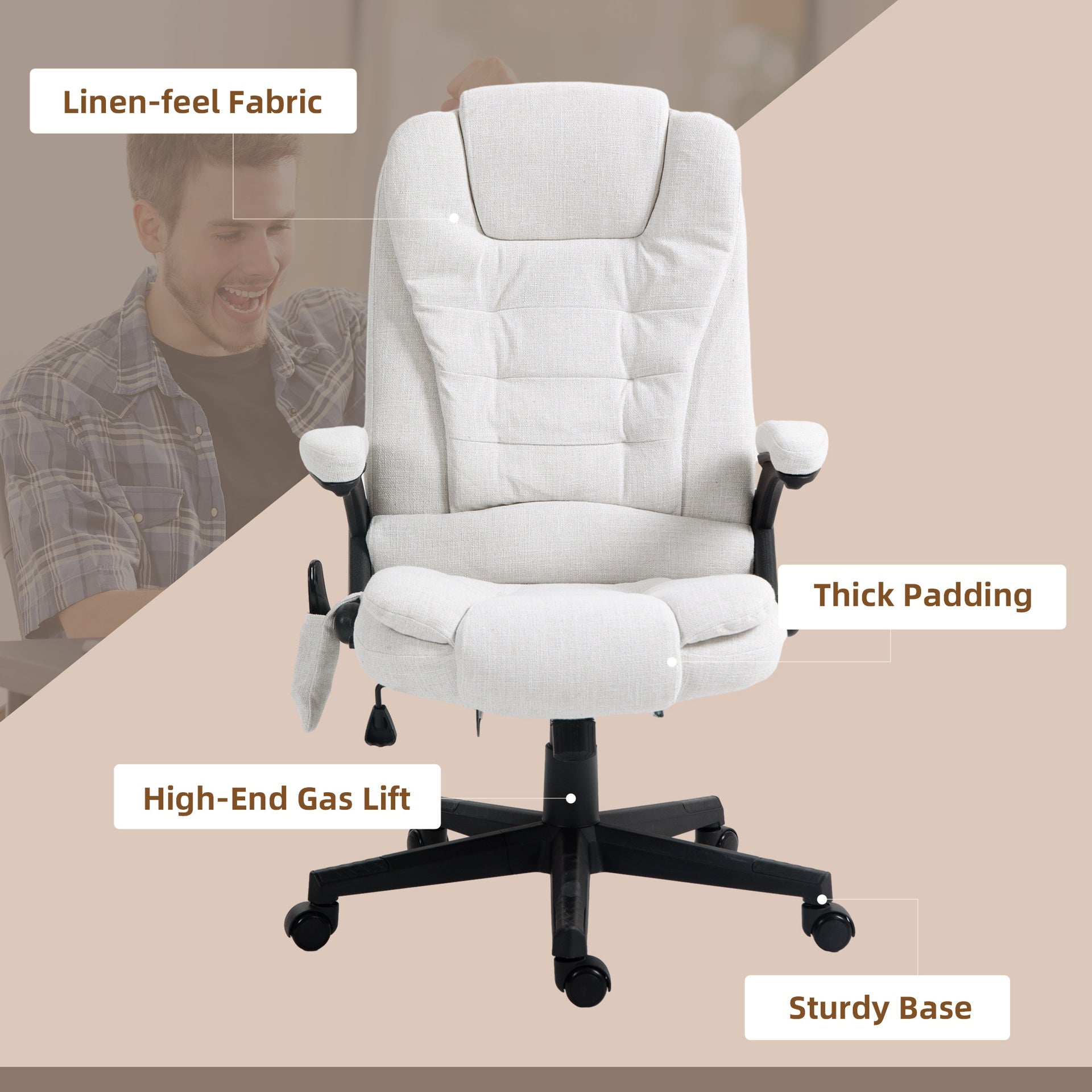 HOMCOM 6 Point Vibrating Massage Office Chair with Heat, Linen High Back Massage Desk Chair with Reclining Backrest, White