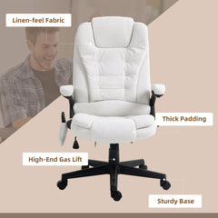 HOMCOM 6 Point Vibrating Massage Office Chair with Heat, Linen High Back Massage Desk Chair with Reclining Backrest, White