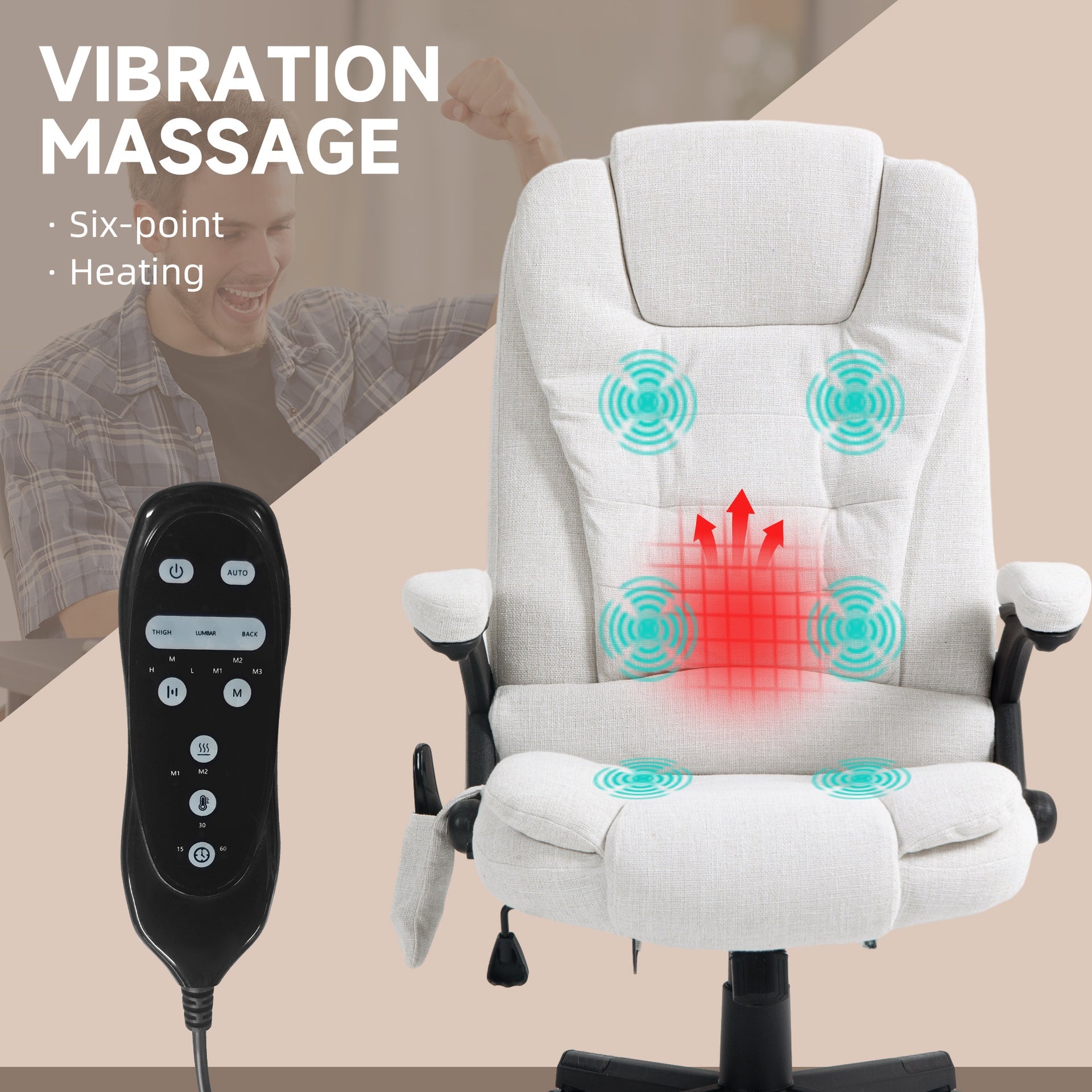 HOMCOM 6 Point Vibrating Massage Office Chair with Heat, Linen High Back Massage Desk Chair with Reclining Backrest, White
