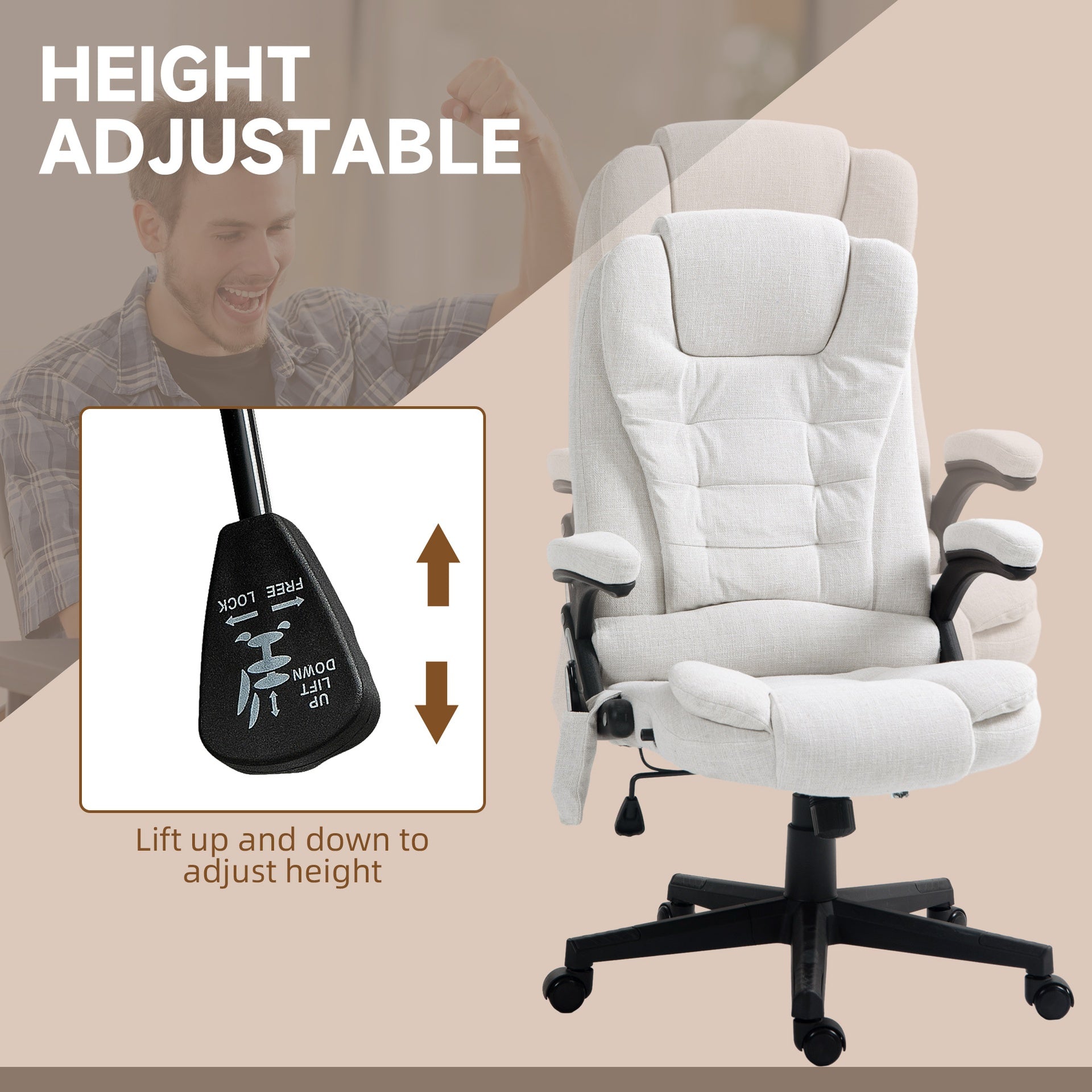 HOMCOM 6 Point Vibrating Massage Office Chair with Heat, Linen High Back Massage Desk Chair with Reclining Backrest, White