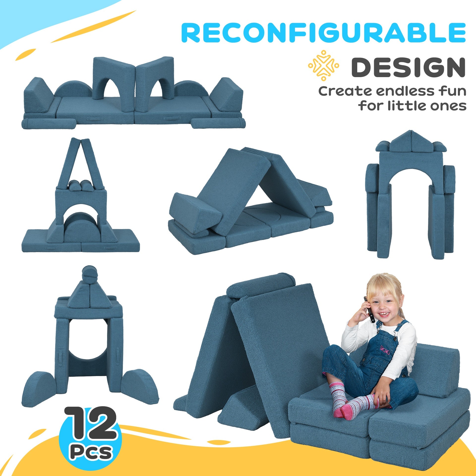 Qaba 12 Pcs Foam Climbing Blocks for Toddlers, Indoor Soft Play Equipment for Boys and Girls, Blue