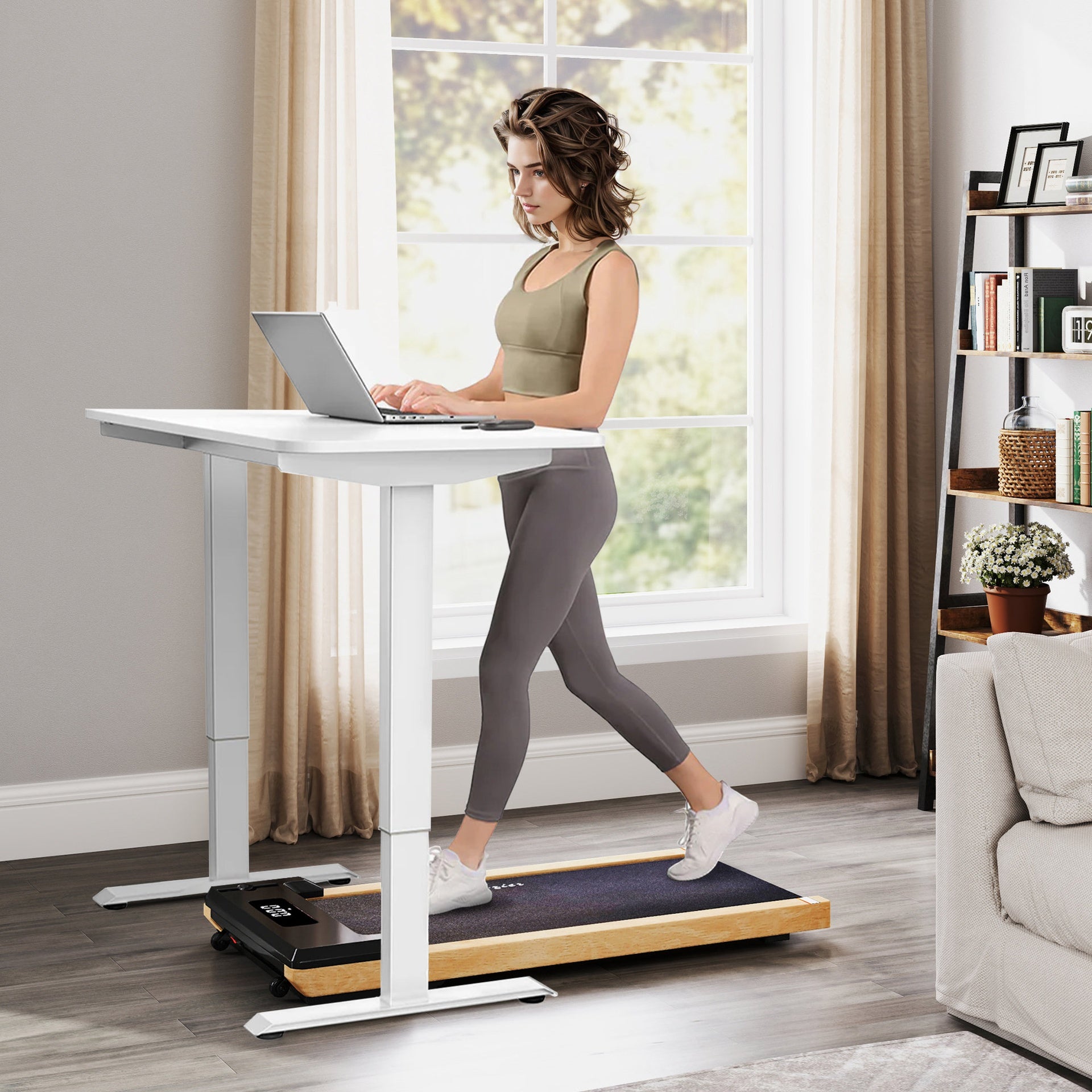 Soozier 2.5HP Walking Pad, Wood Under Desk Treadmill with Remote Control, Transport Wheels and LED Display for Home Gym Office