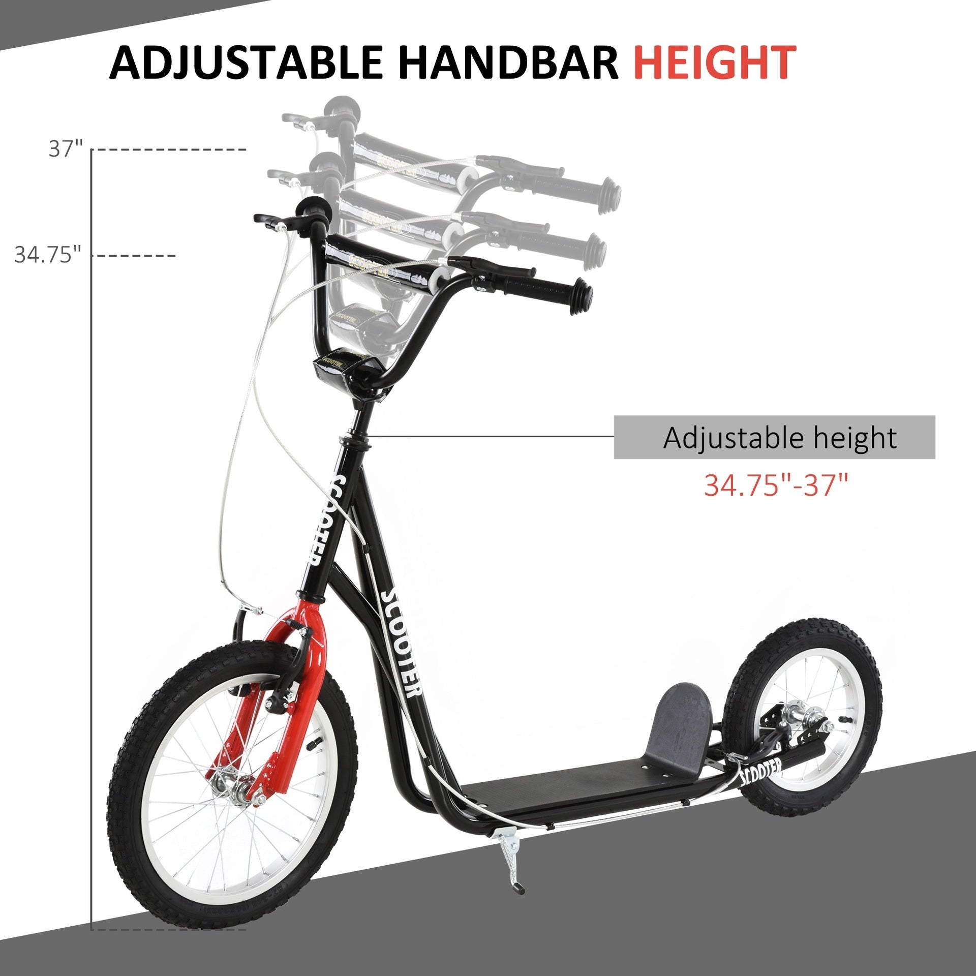 Aosom Teens Youth Scooter Ride On Toy with Adjustable Handlebar, Dual Brakes, and Inflatable Wheels For Kids 5+ - Black