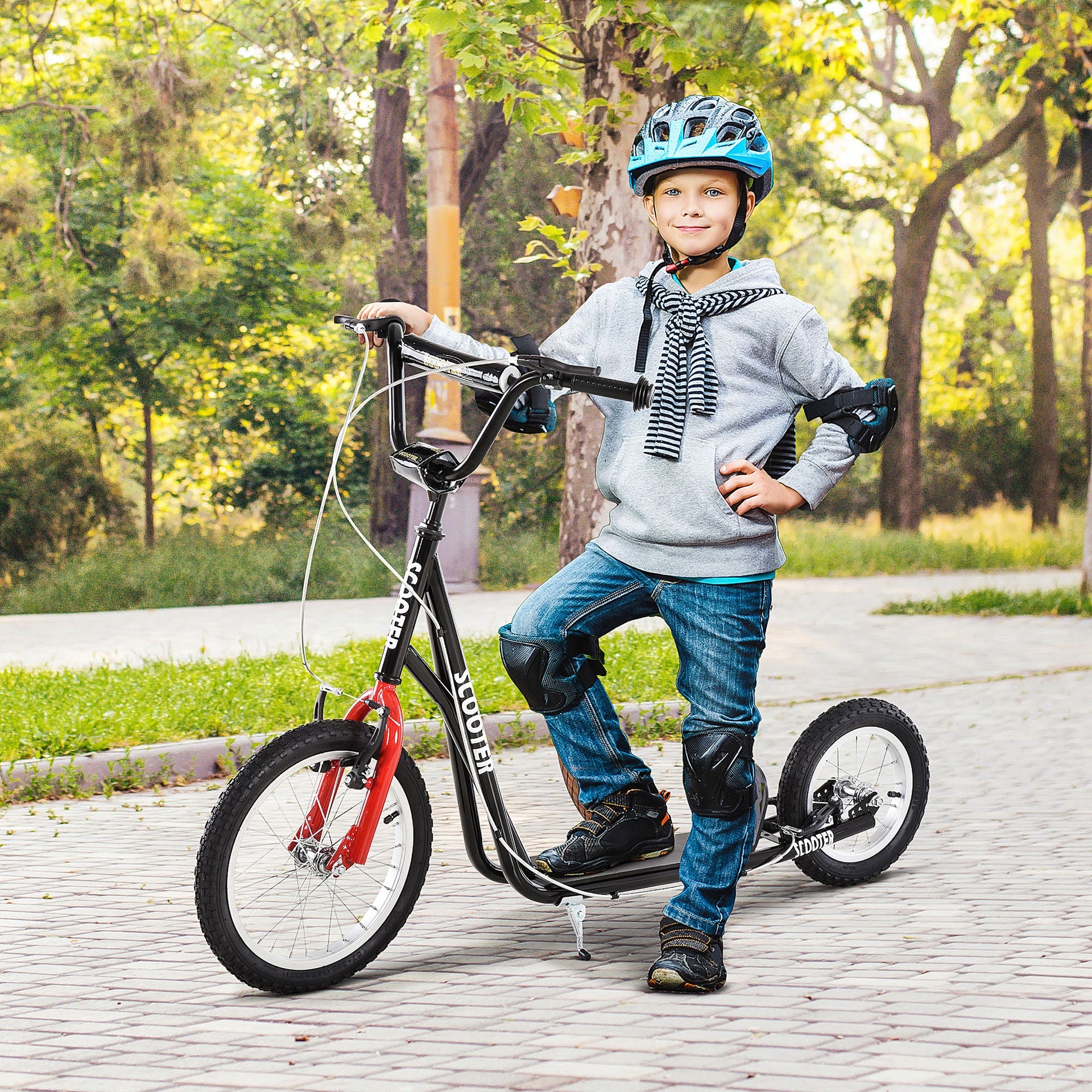 Aosom Teens Youth Scooter Ride On Toy with Adjustable Handlebar, Dual Brakes, and Inflatable Wheels For Kids 5+ - Black