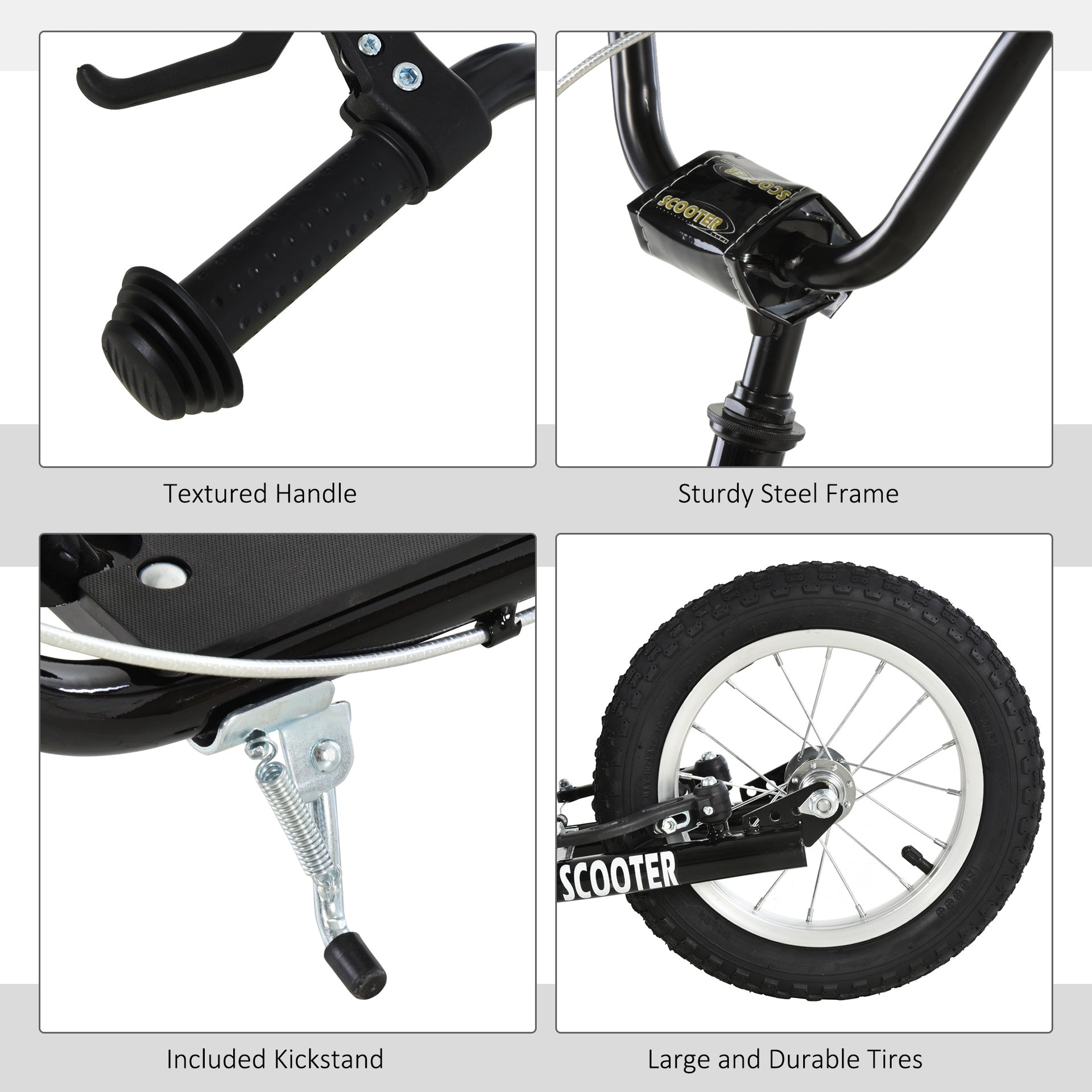 Aosom Teens Youth Scooter Ride On Toy with Adjustable Handlebar, Dual Brakes, and Inflatable Wheels For Kids 5+ - Black