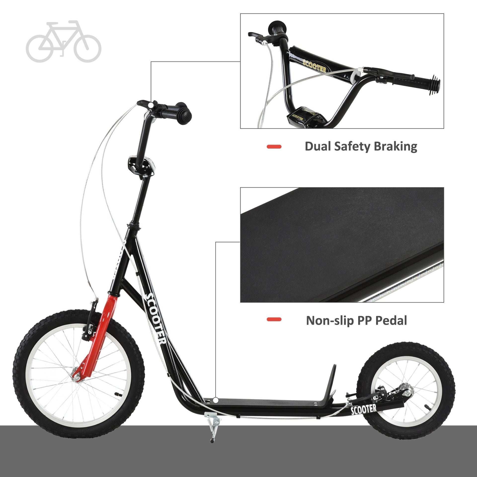 Aosom Teens Youth Scooter Ride On Toy with Adjustable Handlebar, Dual Brakes, and Inflatable Wheels For Kids 5+ - Black