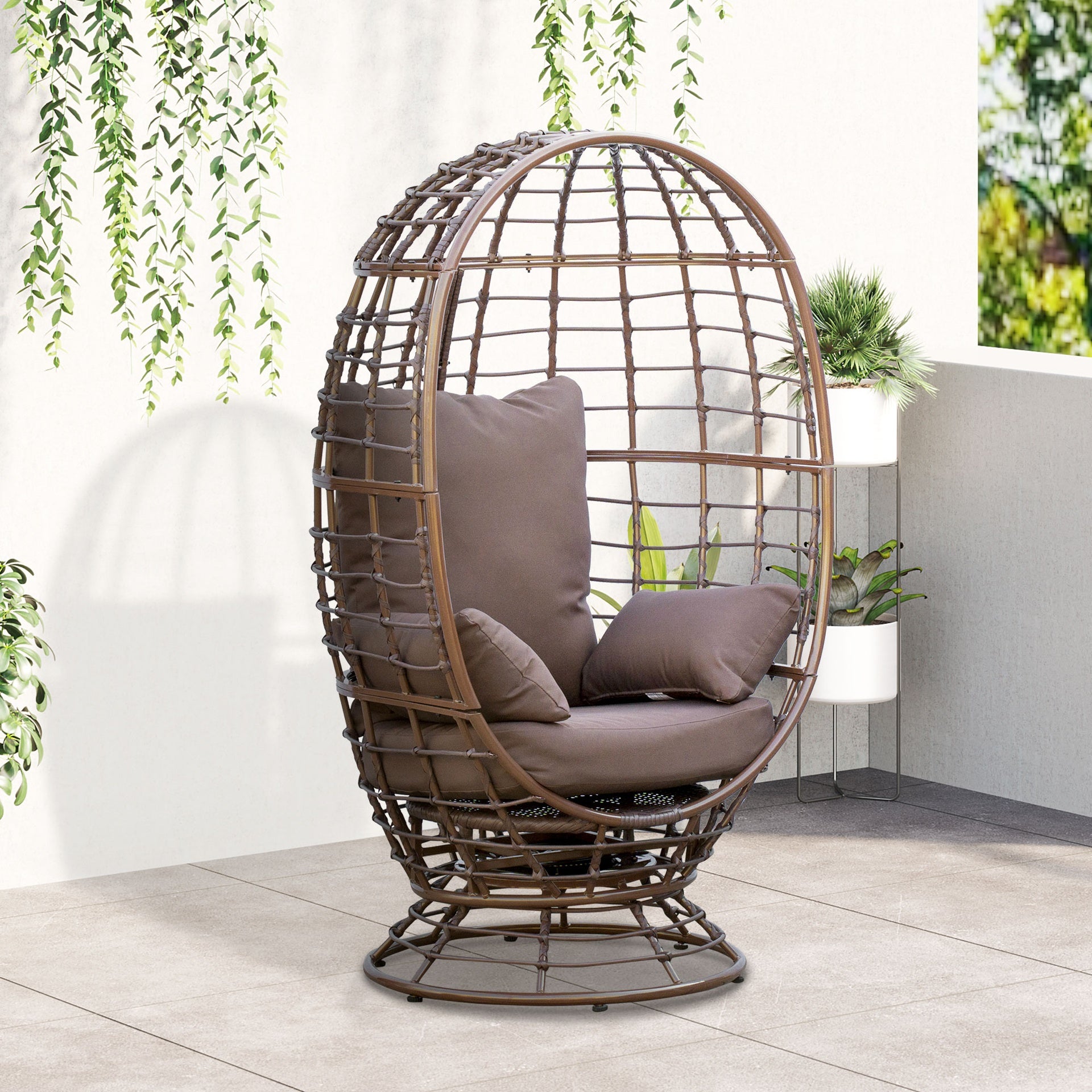 Outsunny Wicker Egg Chair, 360 Rotating Indoor Outdoor Boho Basket Seat with Cushion and Pillows for Backyard, Porch, Patio, Garden, Handwoven All-Weather PE Rattan, Steel Frame, Brown