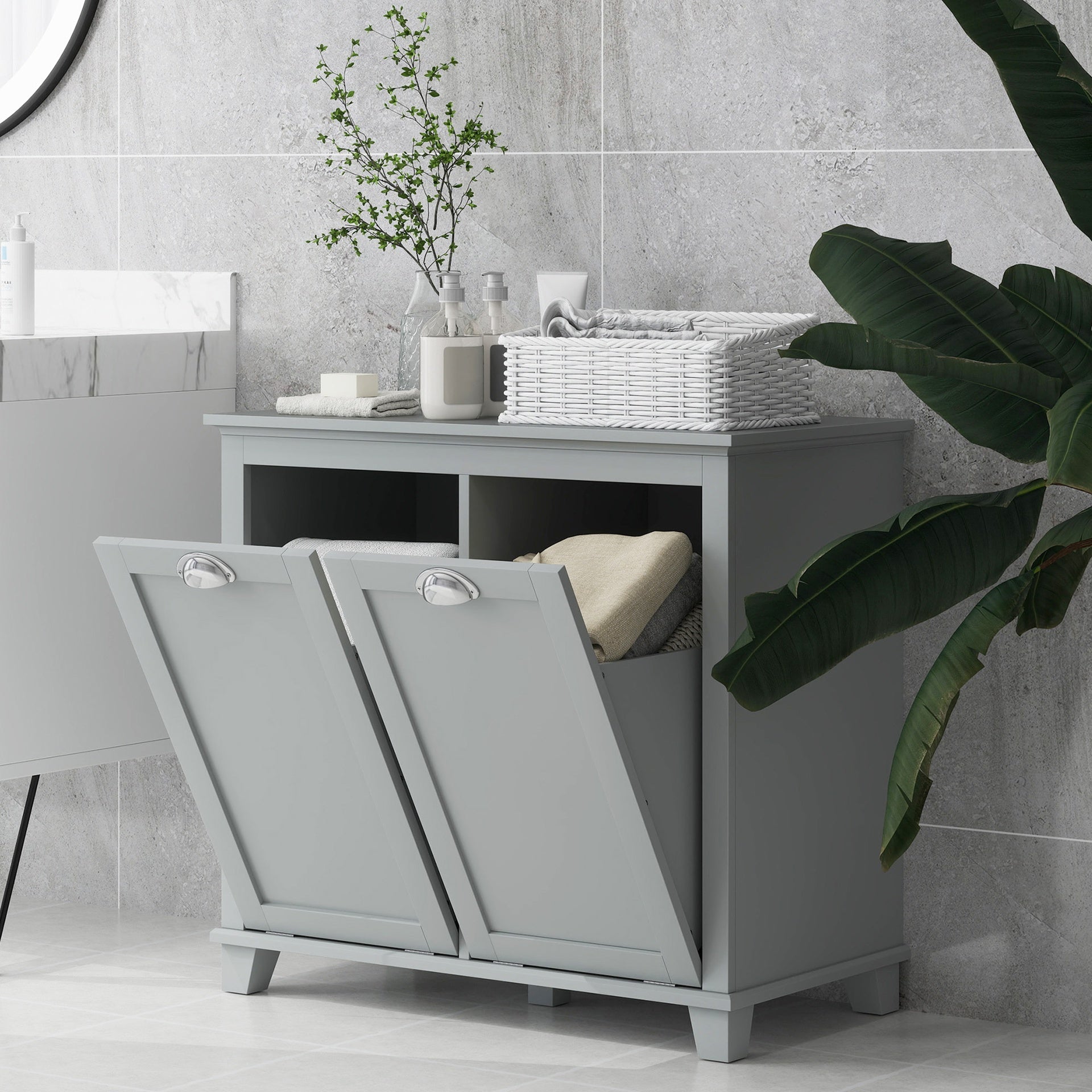 HOMCOM Dual Tilt out Laundry Hamper Cabinet, Bathroom Storage Cabinet with 2-Compartment Hamper, Modern Bathroom Floor Cabinet for Washroom, Gray