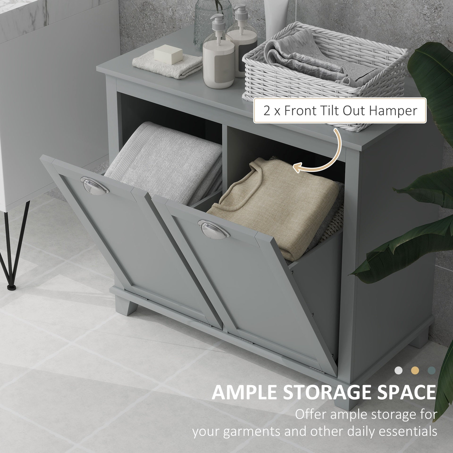 HOMCOM Dual Tilt out Laundry Hamper Cabinet, Bathroom Storage Cabinet with 2-Compartment Hamper, Modern Bathroom Floor Cabinet for Washroom, Gray