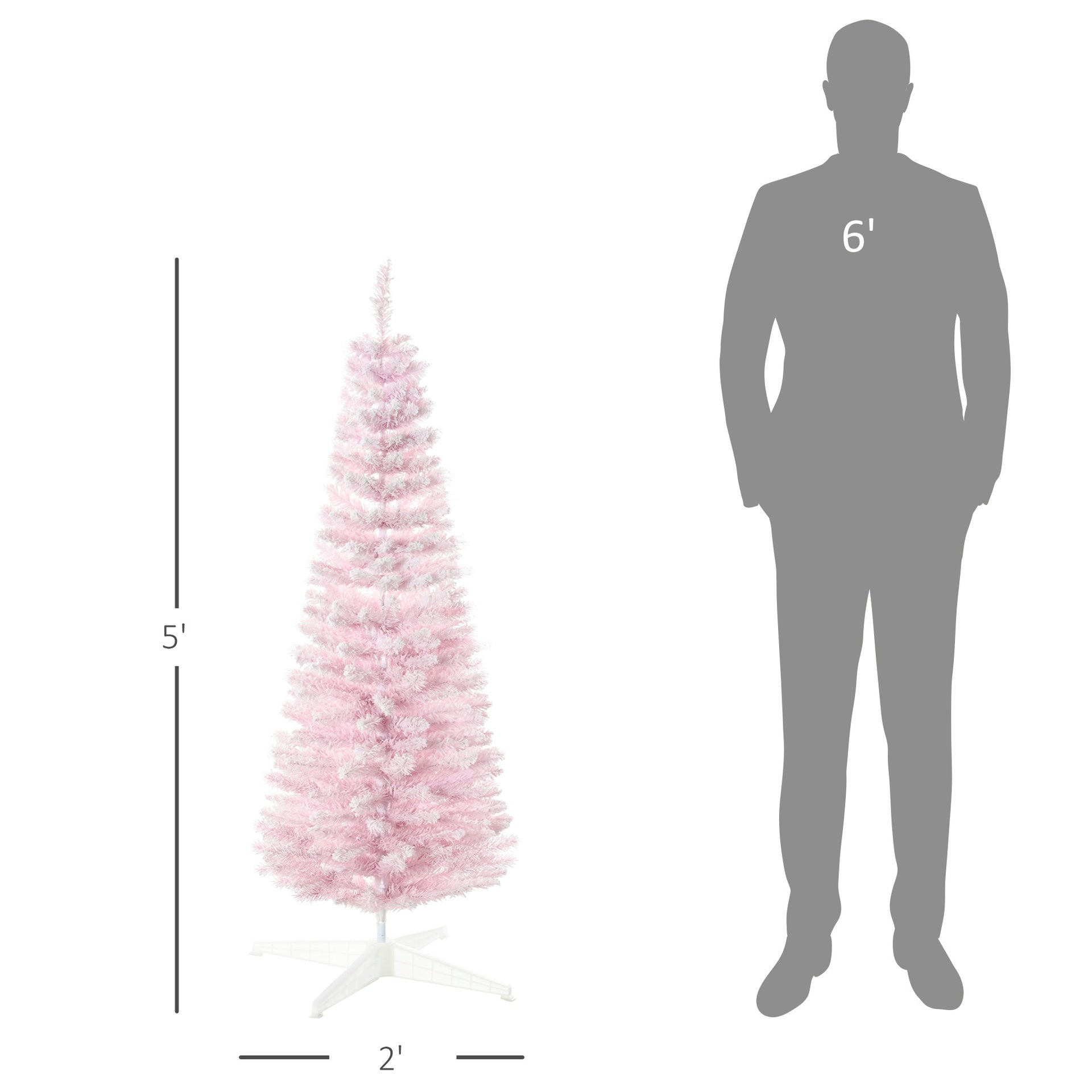 HOMCOM 5' Decorated Christmas Tree Snow Flocked Artificial Christmas Tree with Pencil Shape, Realistic Branches, Pink