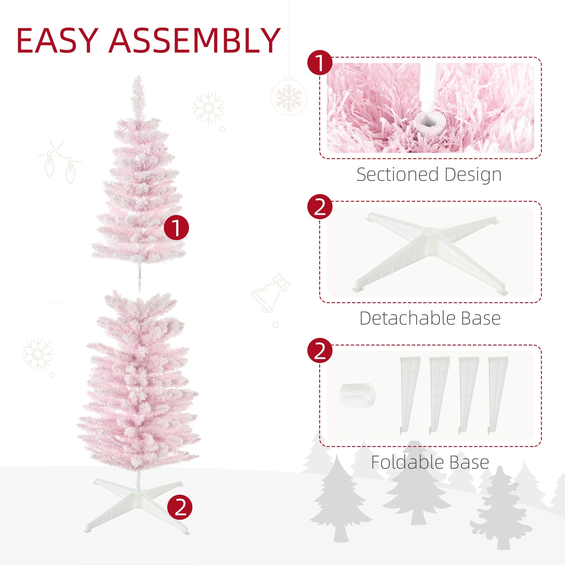 HOMCOM 5' Decorated Christmas Tree Snow Flocked Artificial Christmas Tree with Pencil Shape, Realistic Branches, Pink