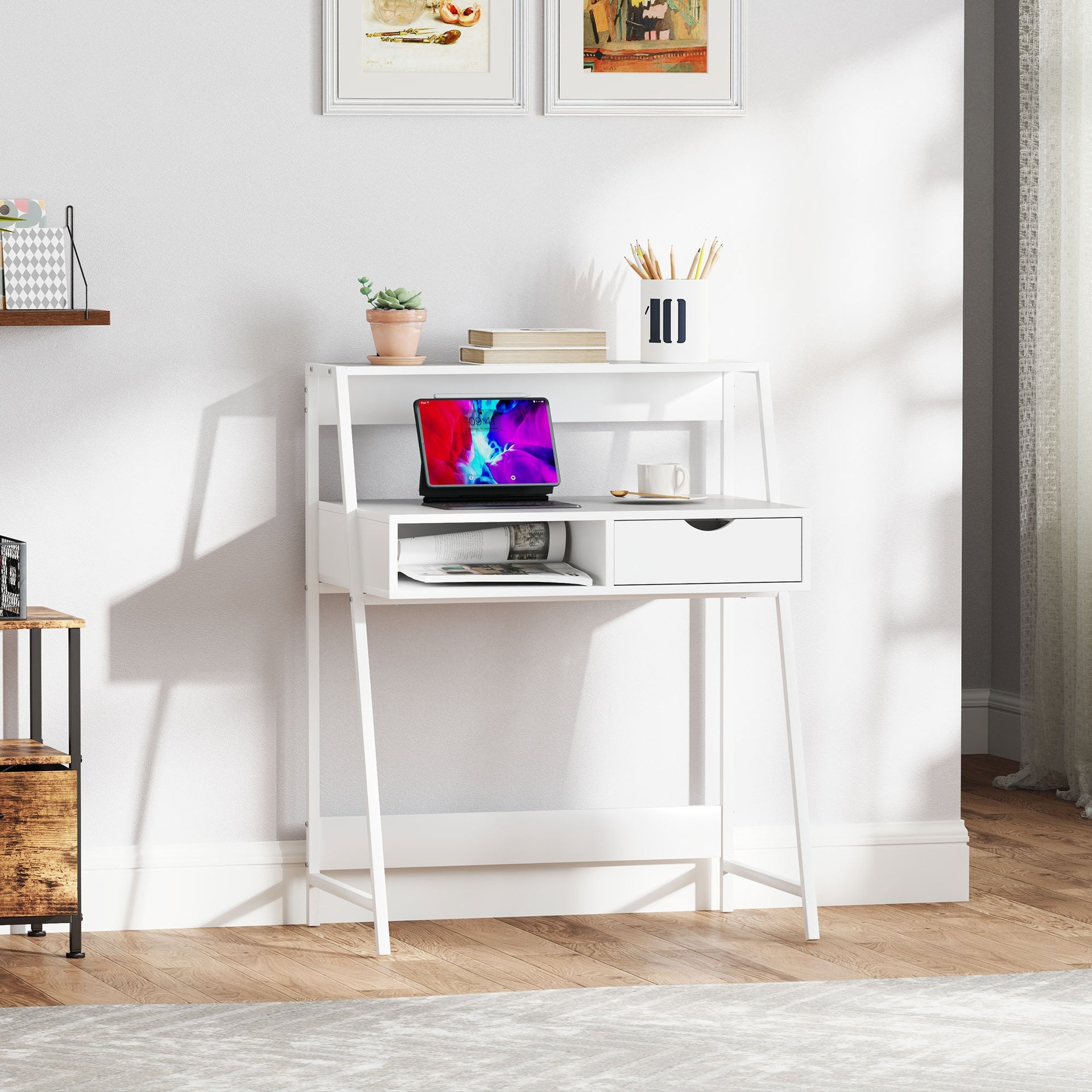 HOMCOM Home Office desk, Computer Desk for Small Spaces, Study Table with Drawer and Storage Shelves, White