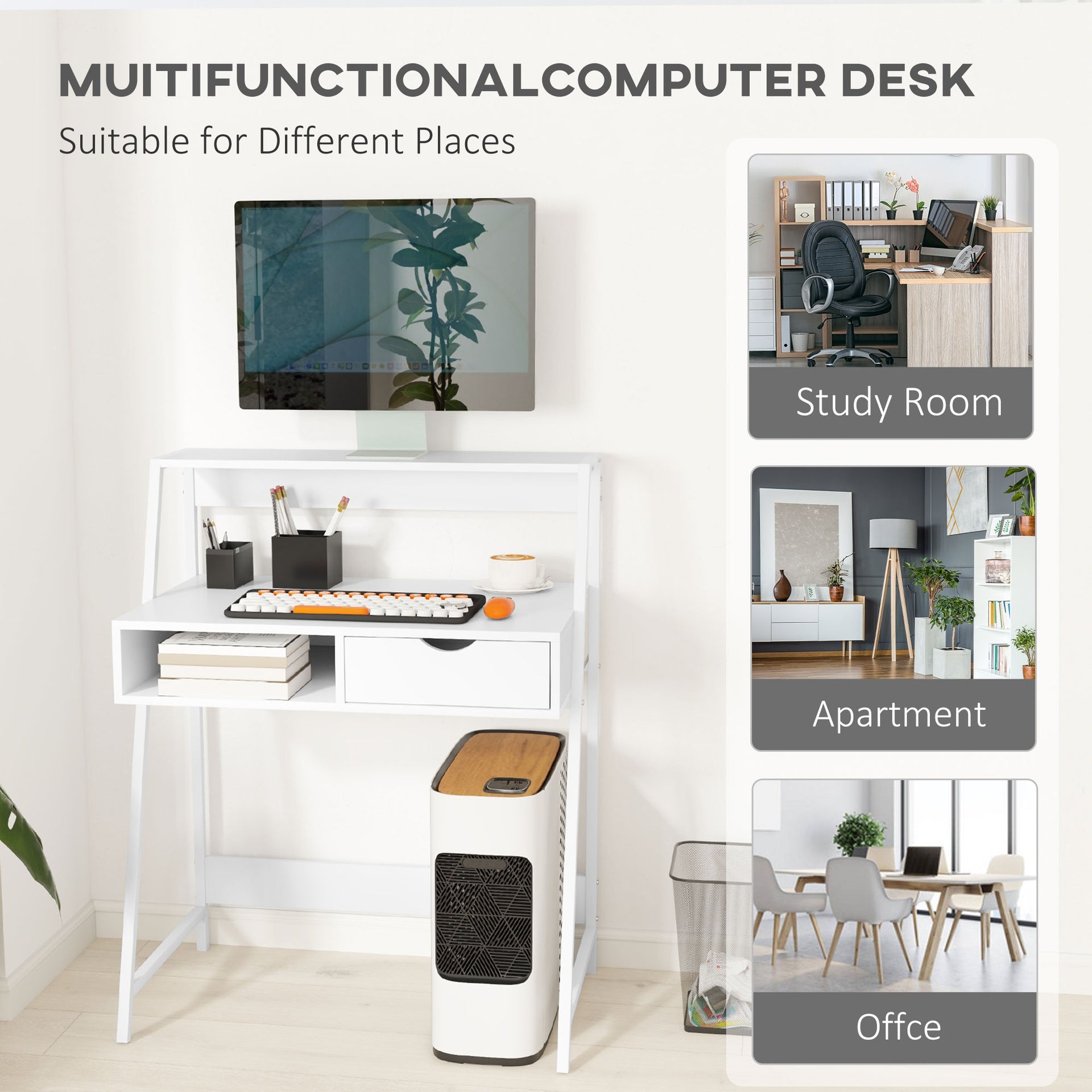 HOMCOM Home Office desk, Computer Desk for Small Spaces, Study Table with Drawer and Storage Shelves, White
