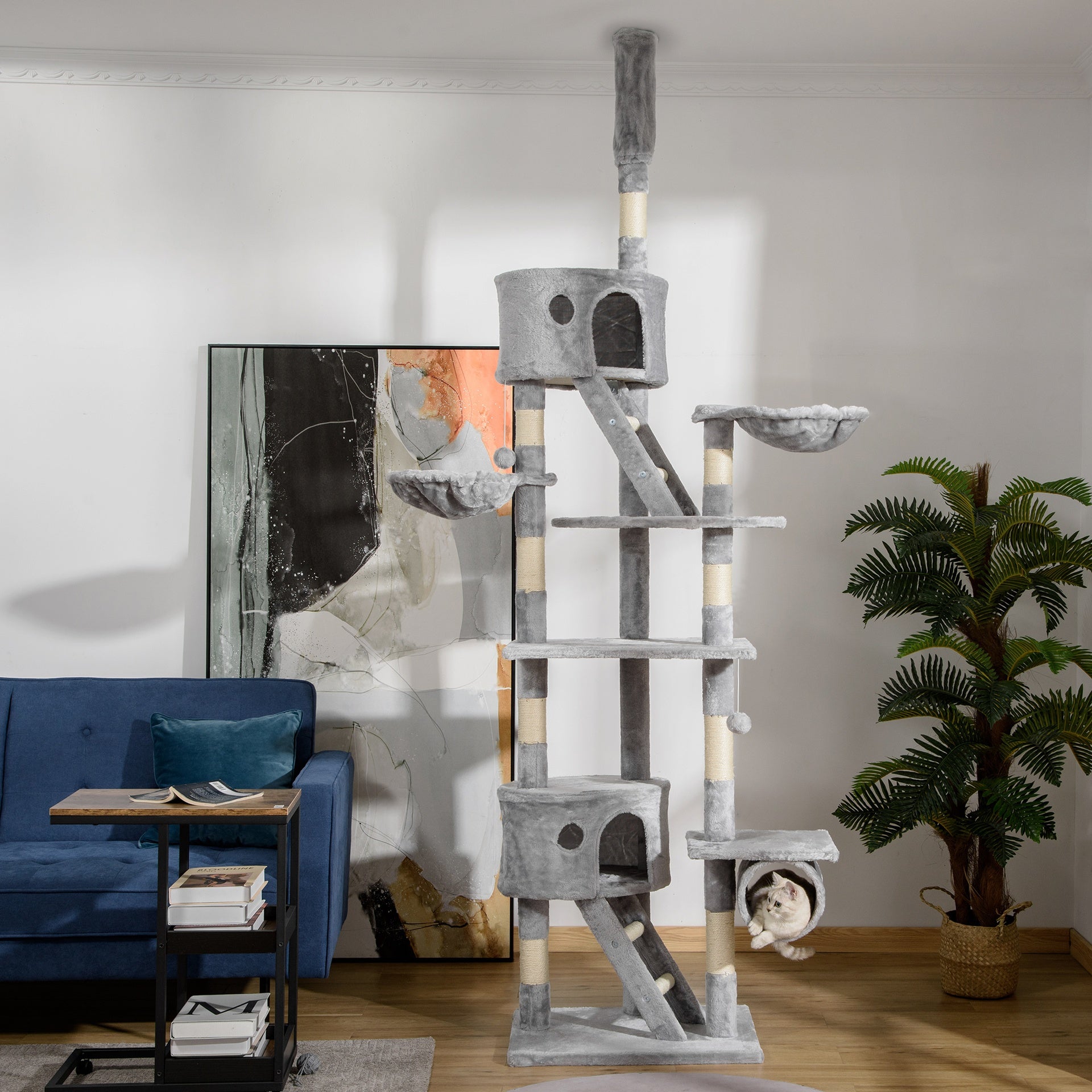 PawHut Floor to Ceiling Cat Tree, 94.5-102.5 inch Height Adjustable Cat Climbing Tower with Scratching Posts, Condos, Hammocks