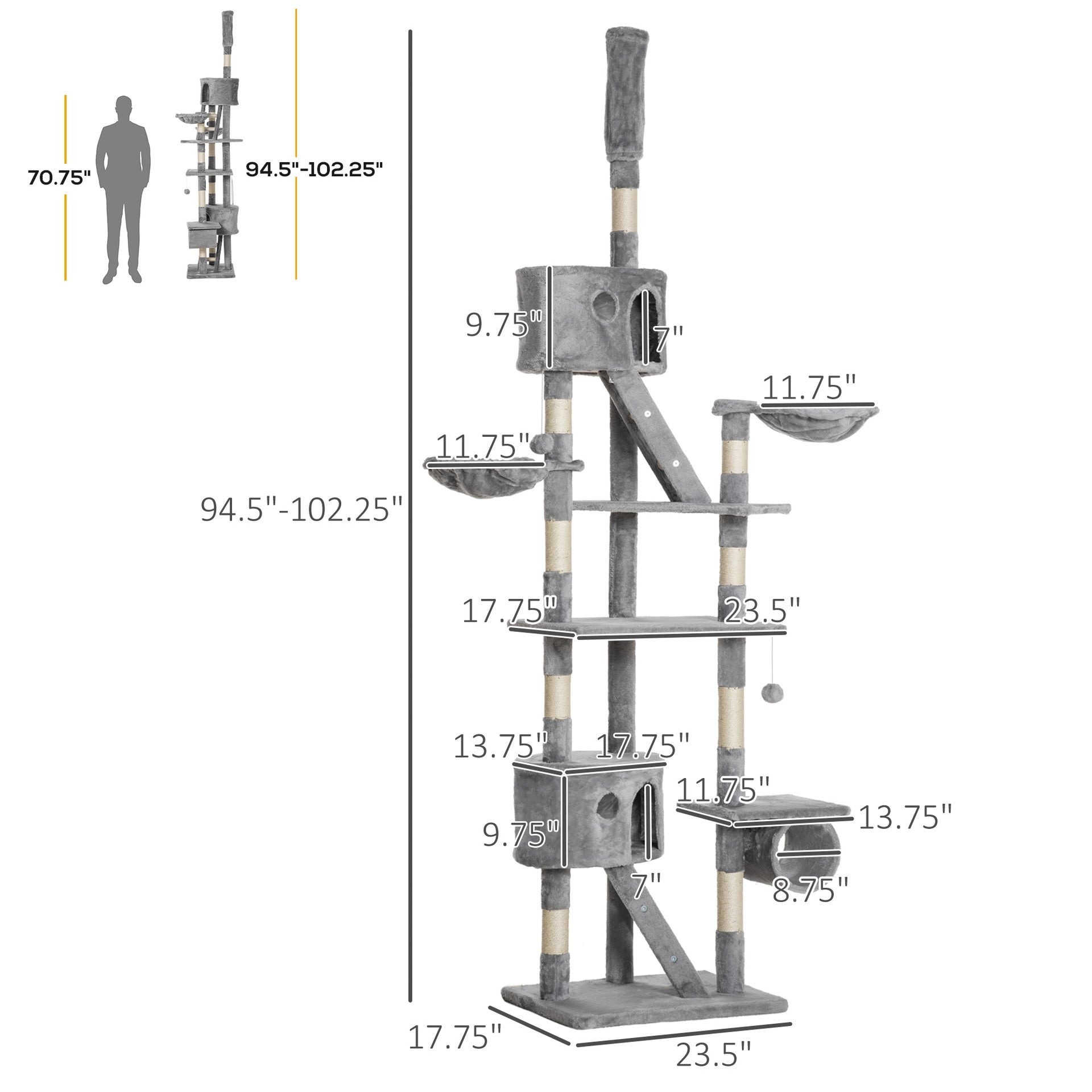 PawHut Floor to Ceiling Cat Tree, 94.5-102.5 inch Height Adjustable Cat Climbing Tower with Scratching Posts, Condos, Hammocks