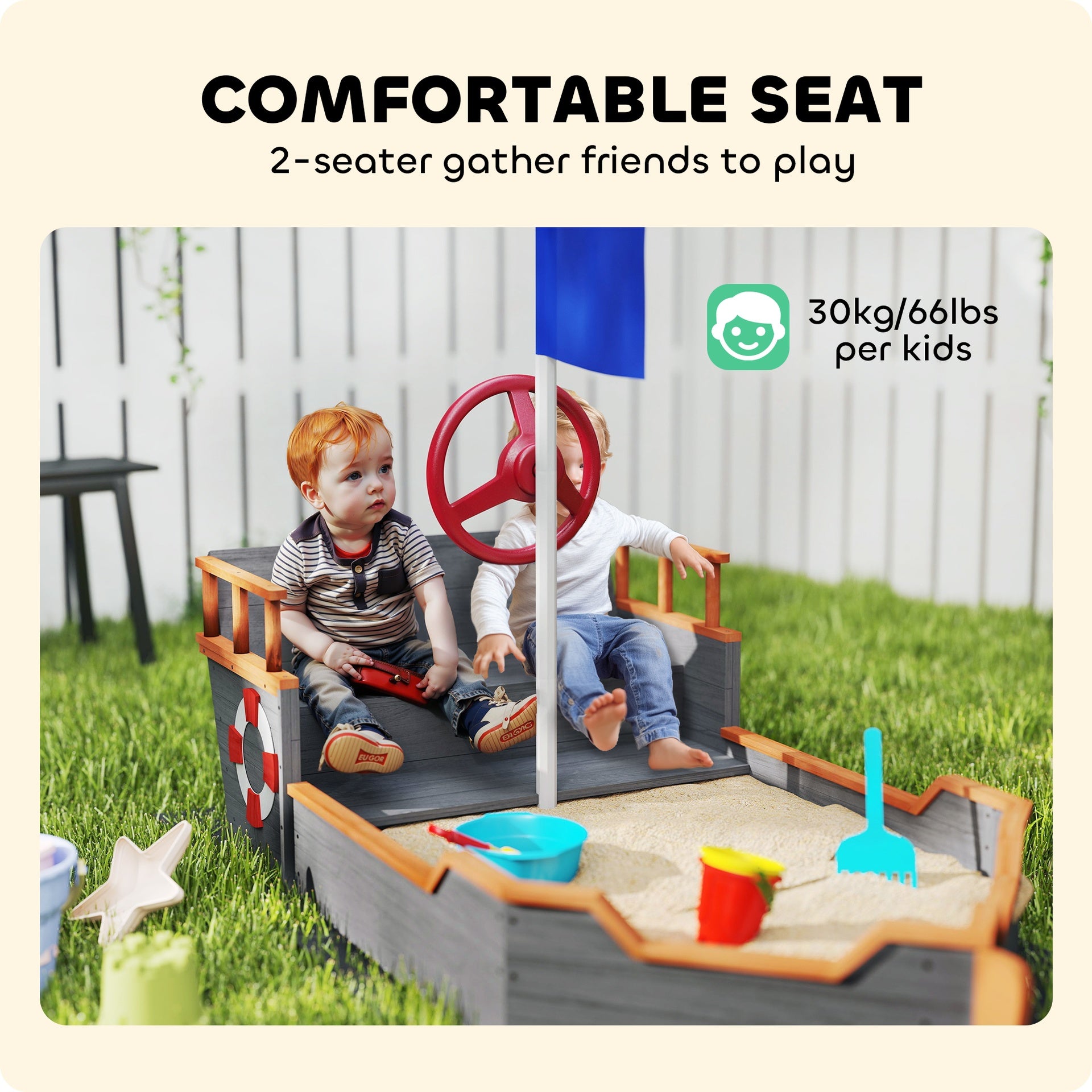 Outsunny Kids Wooden Sandbox Pirate Ship Sandboat w/ Bench Seat Storage Space Ceder Wood, Gray