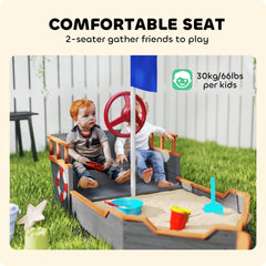 Outsunny Kids Wooden Sandbox Pirate Ship Sandboat w/ Bench Seat Storage Space Ceder Wood, Gray