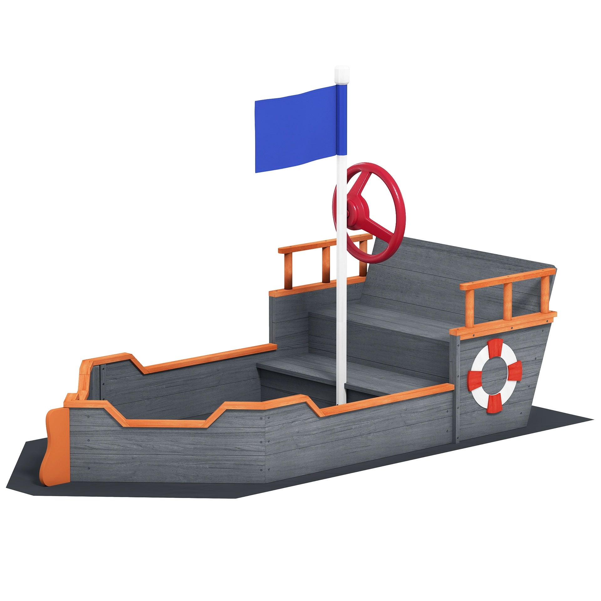 Outsunny Kids Wooden Sandbox Pirate Ship Sandboat w/ Bench Seat Storage Space Ceder Wood, Gray