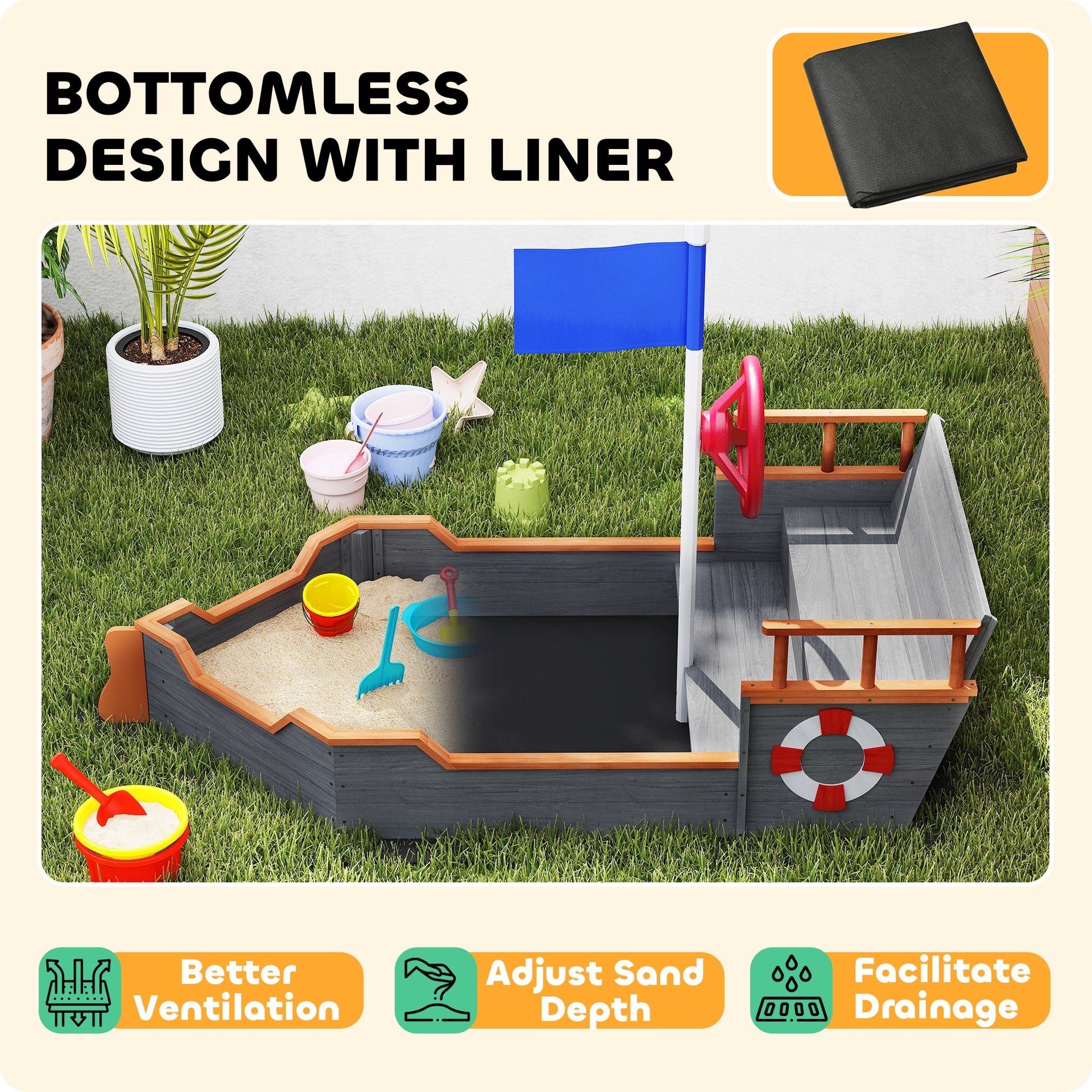Outsunny Kids Wooden Sandbox Pirate Ship Sandboat w/ Bench Seat Storage Space Ceder Wood, Gray