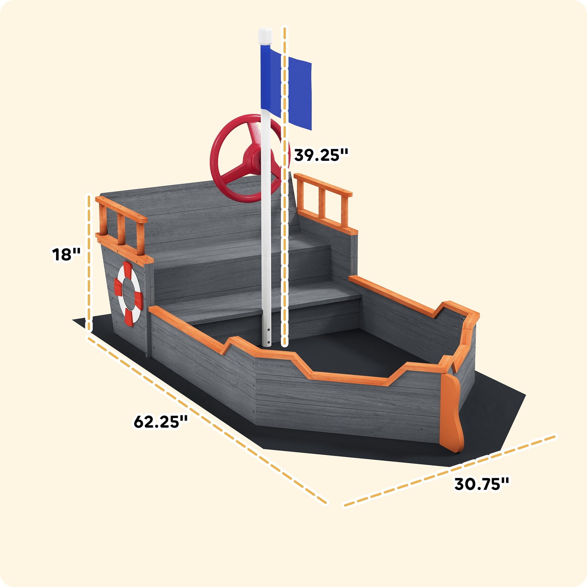 Outsunny Kids Wooden Sandbox Pirate Ship Sandboat w/ Bench Seat Storage Space Ceder Wood, Gray