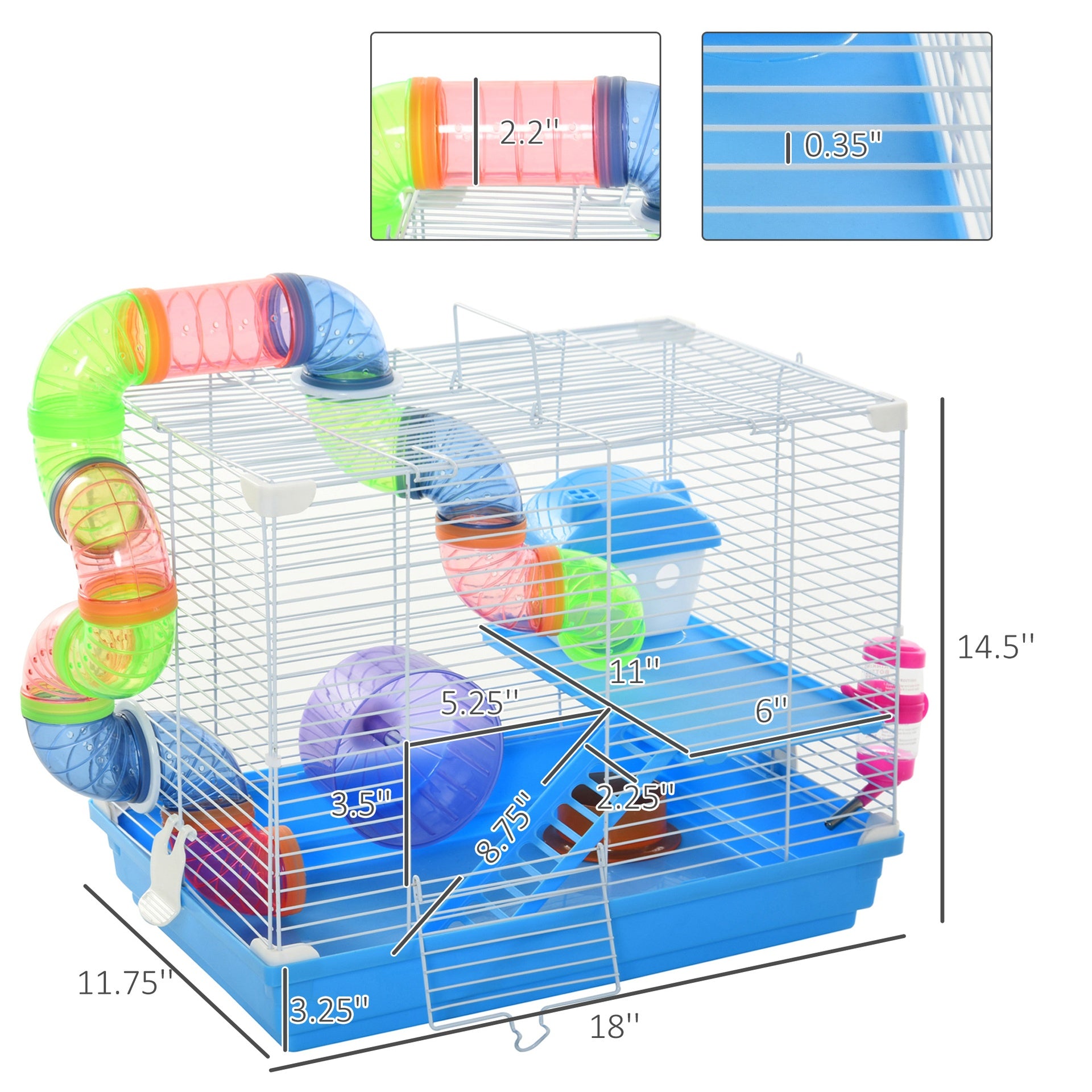 PawHut 2-Level Hamster Cage Rodent Gerbil House Mouse Mice Rat Habitat Metal Wire with Exercise Wheel, Play Tubes, Water Bottle, Food Dishes, & Interior Ladder