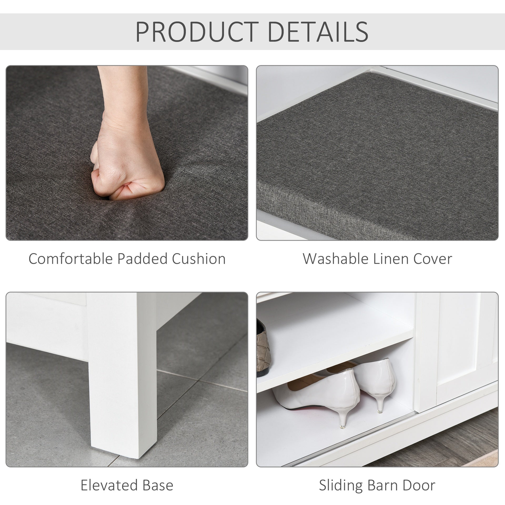 HOMCOM Entryway Shoe Bench Storage Ottoman with Sliding Doors, Adjustable Shelving, 6 Compartments, and Padded Seat, Holds 10 Pairs, White