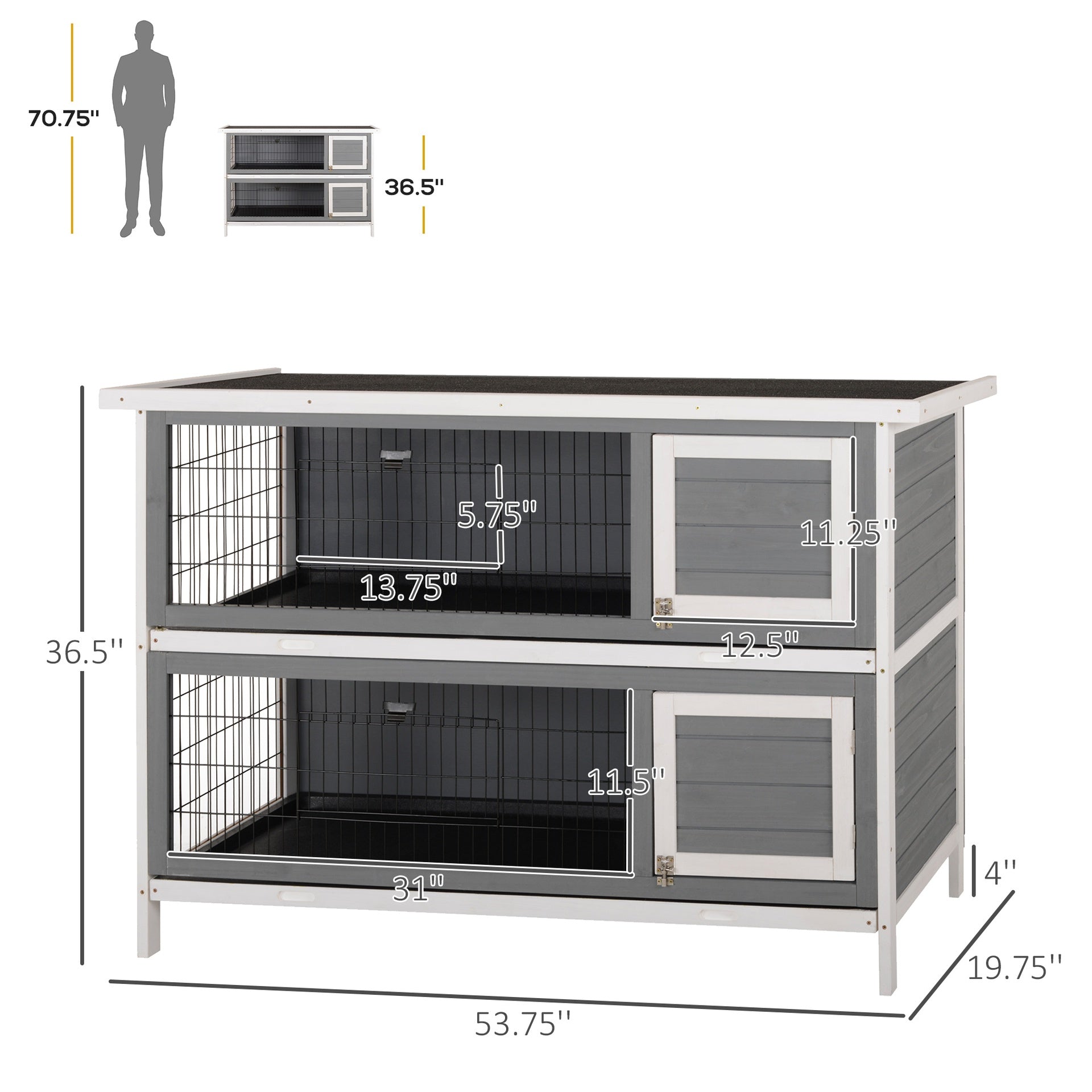 PawHut 54" 2-Story Large Rabbit Hutch Bunny Cage Wooden Pet House Small Animal Habitat with Lockable Doors, No Leak Tray and waterproof Roof for Rabbits, Chickens, Ducks, Outdoor/Indoor Dark Gray