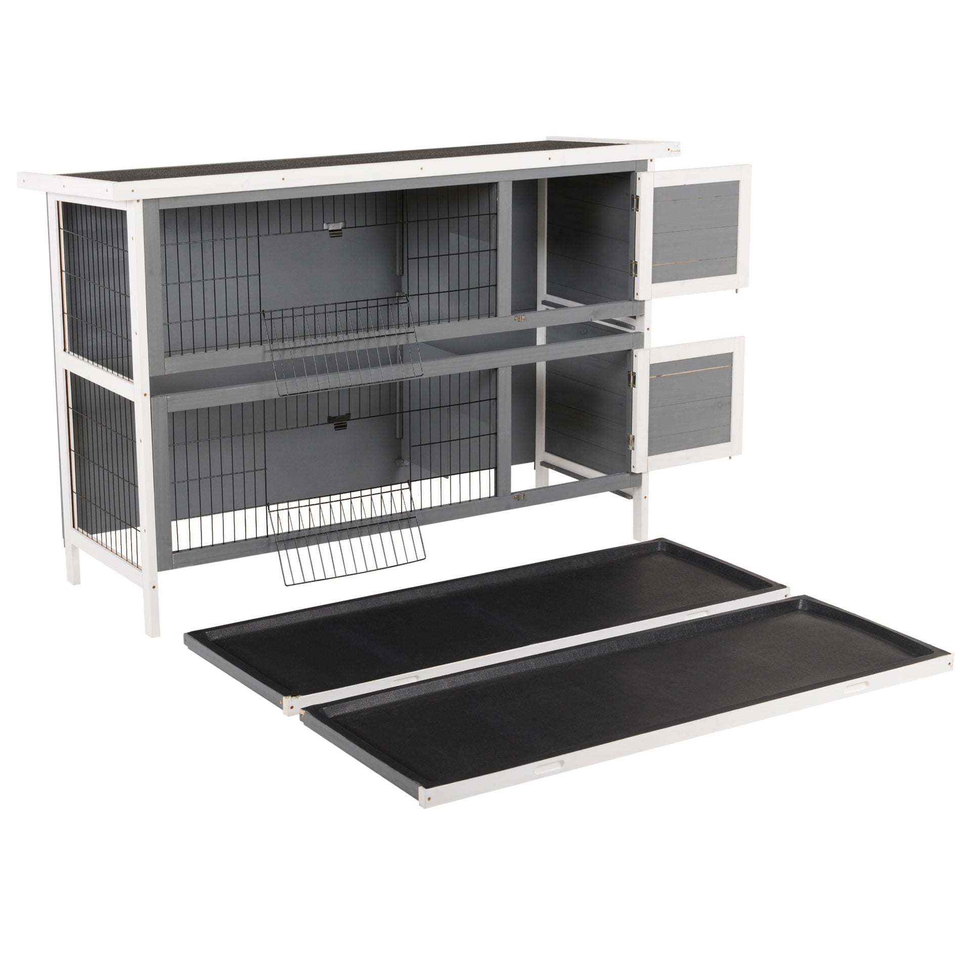 PawHut 54" 2-Story Large Rabbit Hutch Bunny Cage Wooden Pet House Small Animal Habitat with Lockable Doors, No Leak Tray and waterproof Roof for Rabbits, Chickens, Ducks, Outdoor/Indoor Dark Gray