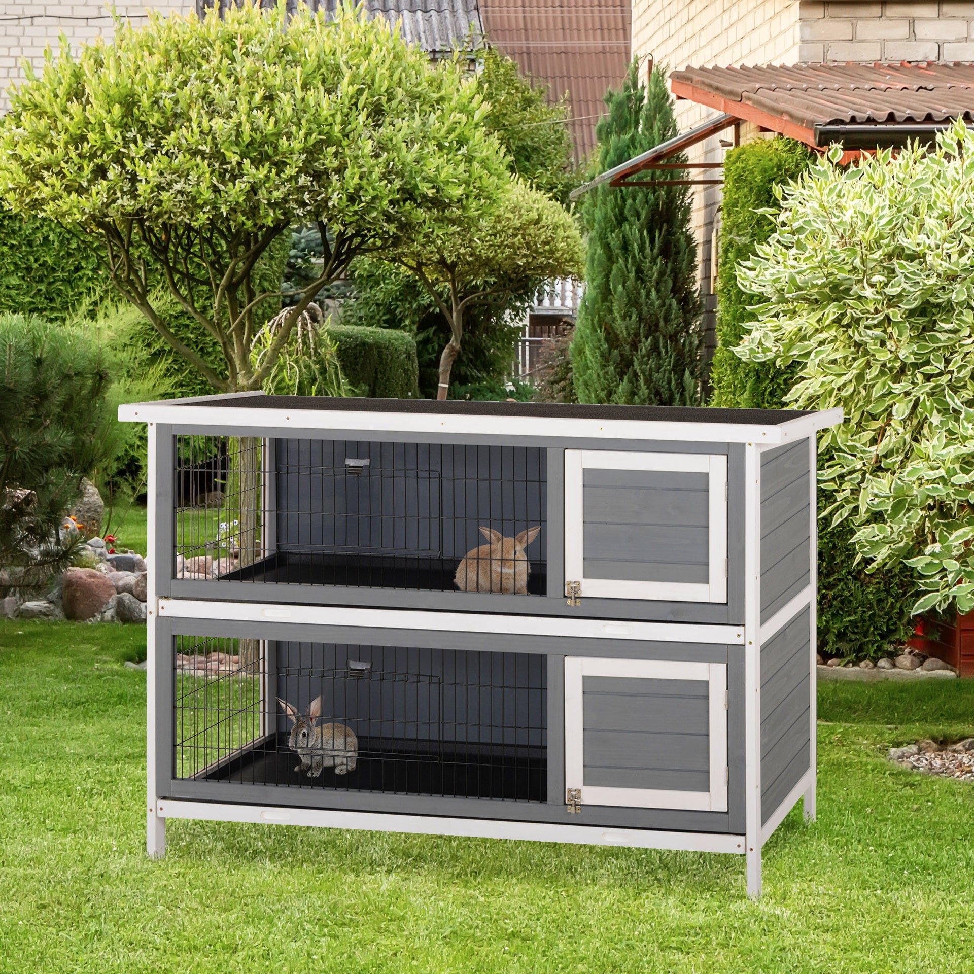 PawHut 54" 2-Story Large Rabbit Hutch Bunny Cage Wooden Pet House Small Animal Habitat with Lockable Doors, No Leak Tray and waterproof Roof for Rabbits, Chickens, Ducks, Outdoor/Indoor Dark Gray