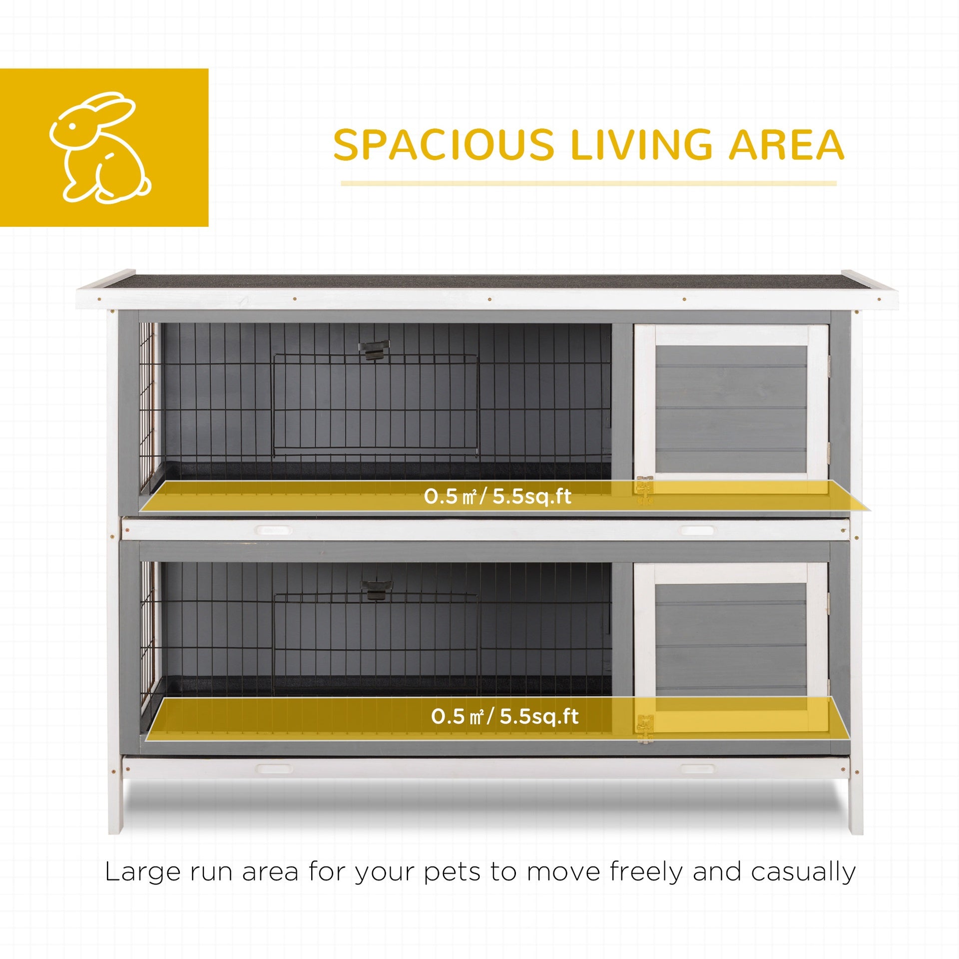 PawHut 54" 2-Story Large Rabbit Hutch Bunny Cage Wooden Pet House Small Animal Habitat with Lockable Doors, No Leak Tray and waterproof Roof for Rabbits, Chickens, Ducks, Outdoor/Indoor Dark Gray