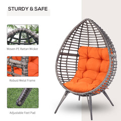 Outsunny Patio Wicker Egg Chair w/ Soft Cushion, Teardrop Cuddle Seat, Outdoor / Indoor Patio Chair, PE Plastic Rattan Furniture with Adjustable Height Feet Pads, Orange
