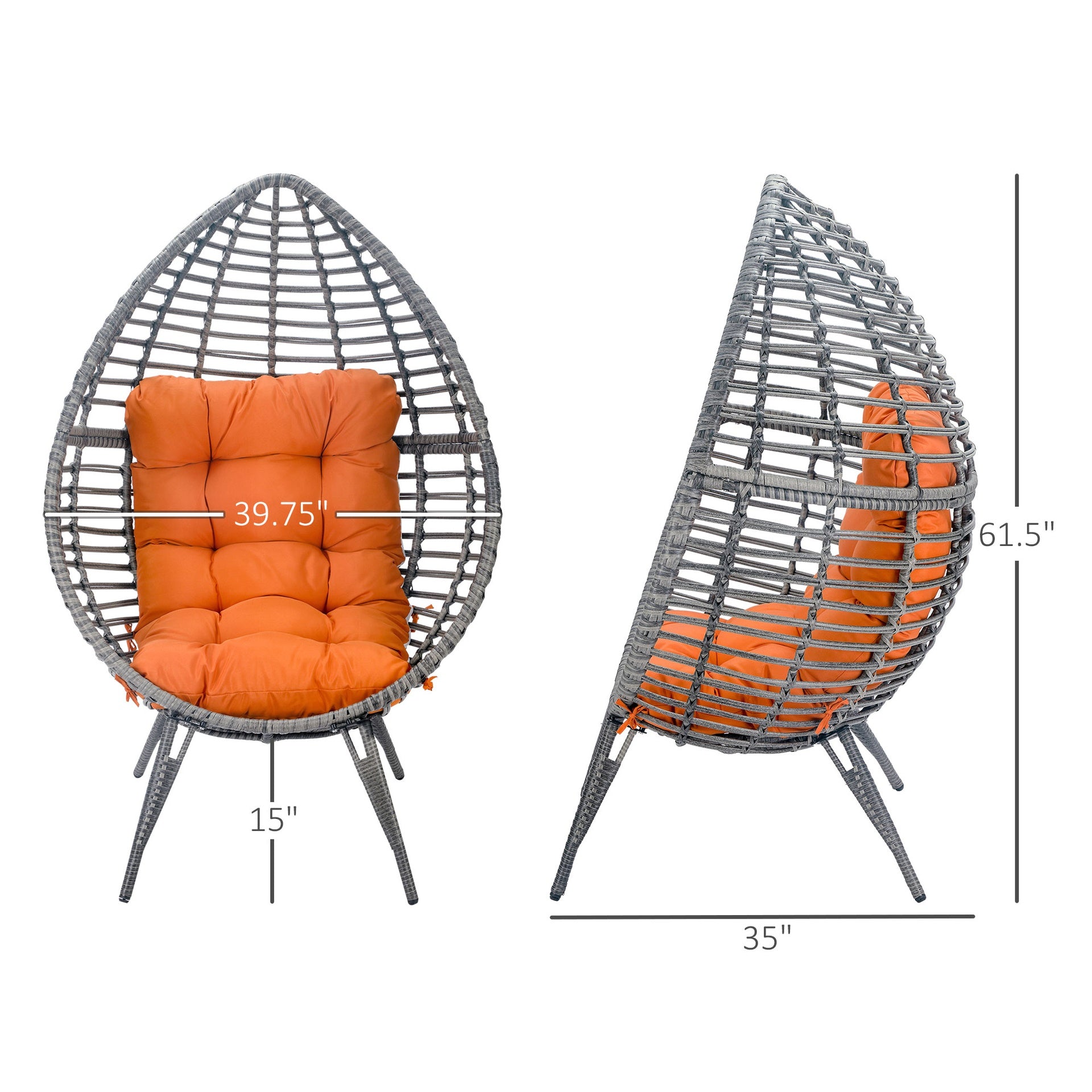Outsunny Patio Wicker Egg Chair w/ Soft Cushion, Teardrop Cuddle Seat, Outdoor / Indoor Patio Chair, PE Plastic Rattan Furniture with Adjustable Height Feet Pads, Orange