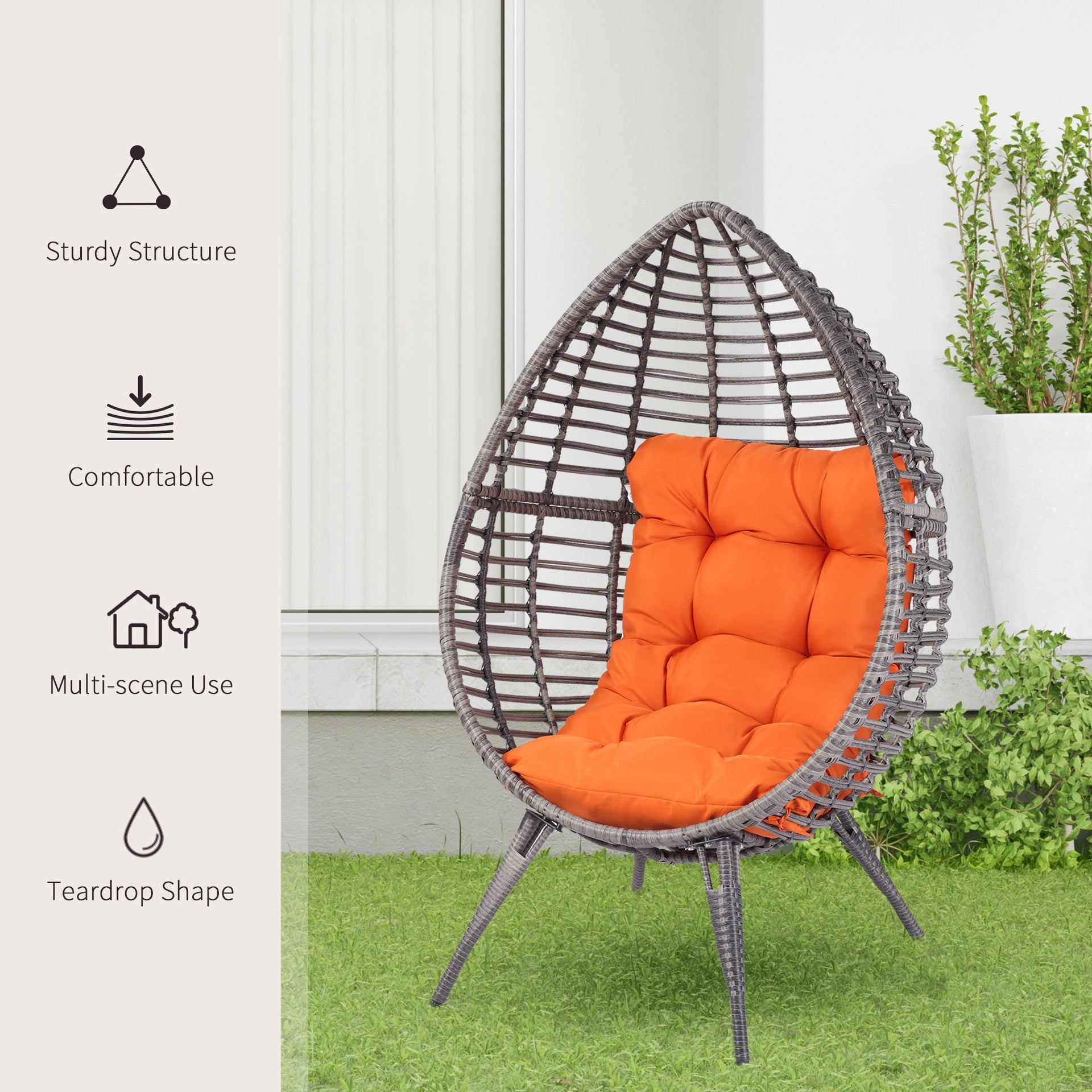 Outsunny Patio Wicker Egg Chair w/ Soft Cushion, Teardrop Cuddle Seat, Outdoor / Indoor Patio Chair, PE Plastic Rattan Furniture with Adjustable Height Feet Pads, Orange