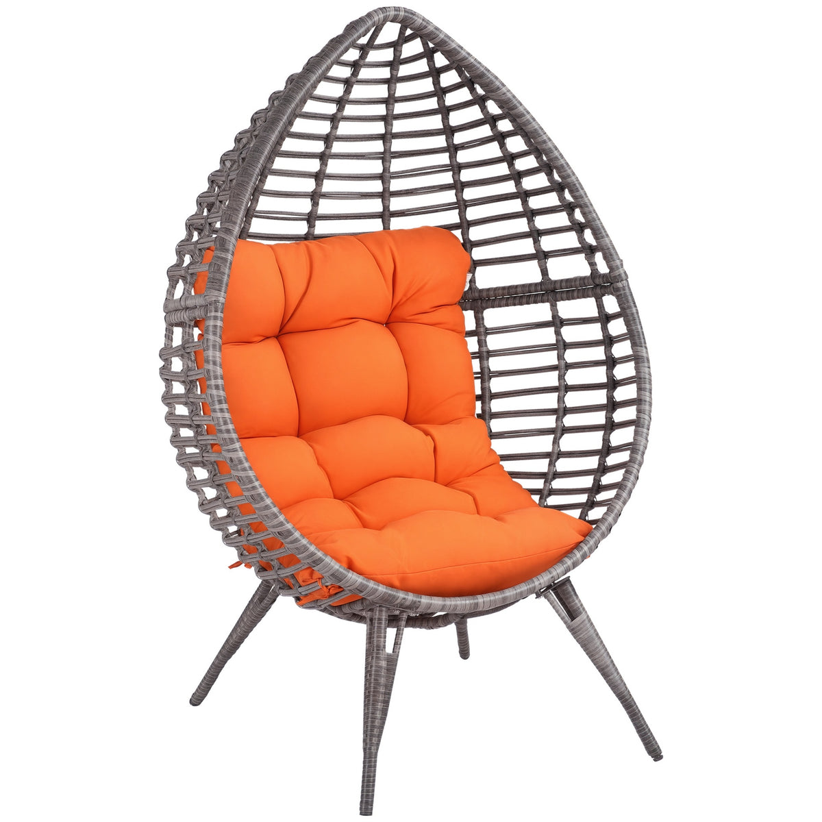 Outsunny Patio Wicker Egg Chair w/ Soft Cushion, Teardrop Cuddle Seat, Outdoor / Indoor Patio Chair, PE Plastic Rattan Furniture with Adjustable Height Feet Pads, Orange