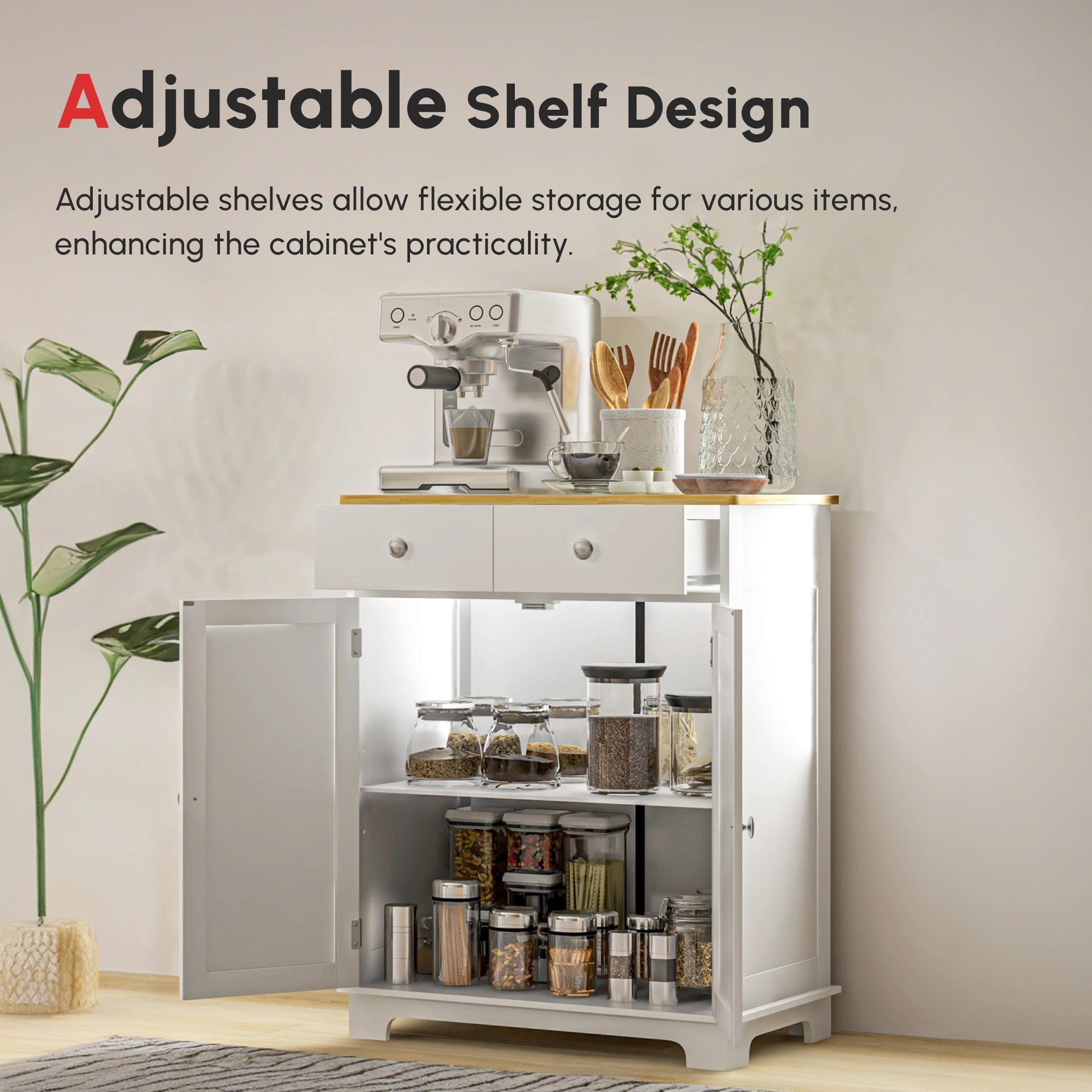 HOMCOM Kitchen Storage Cabinet, Sideboard Floor Cupboard with Solid Wood Top, Adjustable Shelf, and 2 Drawers, Distressed White