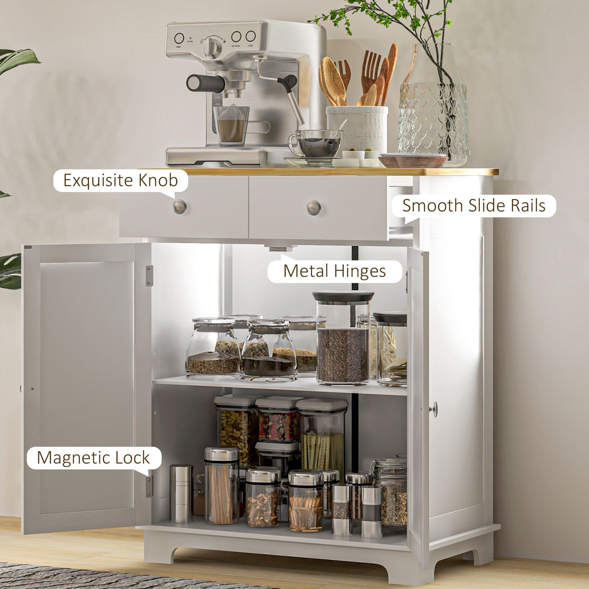 HOMCOM Kitchen Storage Cabinet, Sideboard Floor Cupboard with Solid Wood Top, Adjustable Shelf, and 2 Drawers, Distressed White